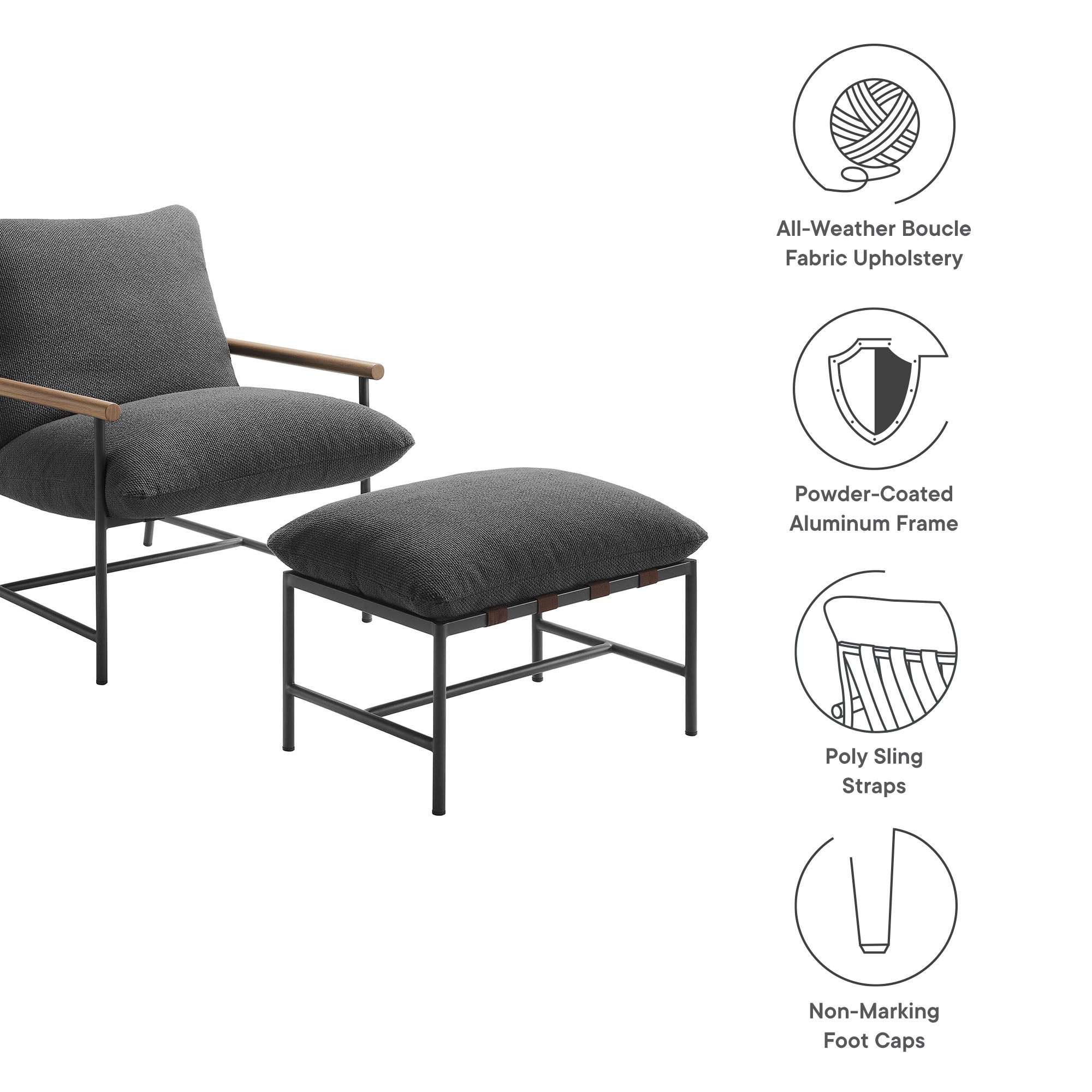 Raya Outdoor Patio Boucle Lounge Chair and Ottoman, Charcoal