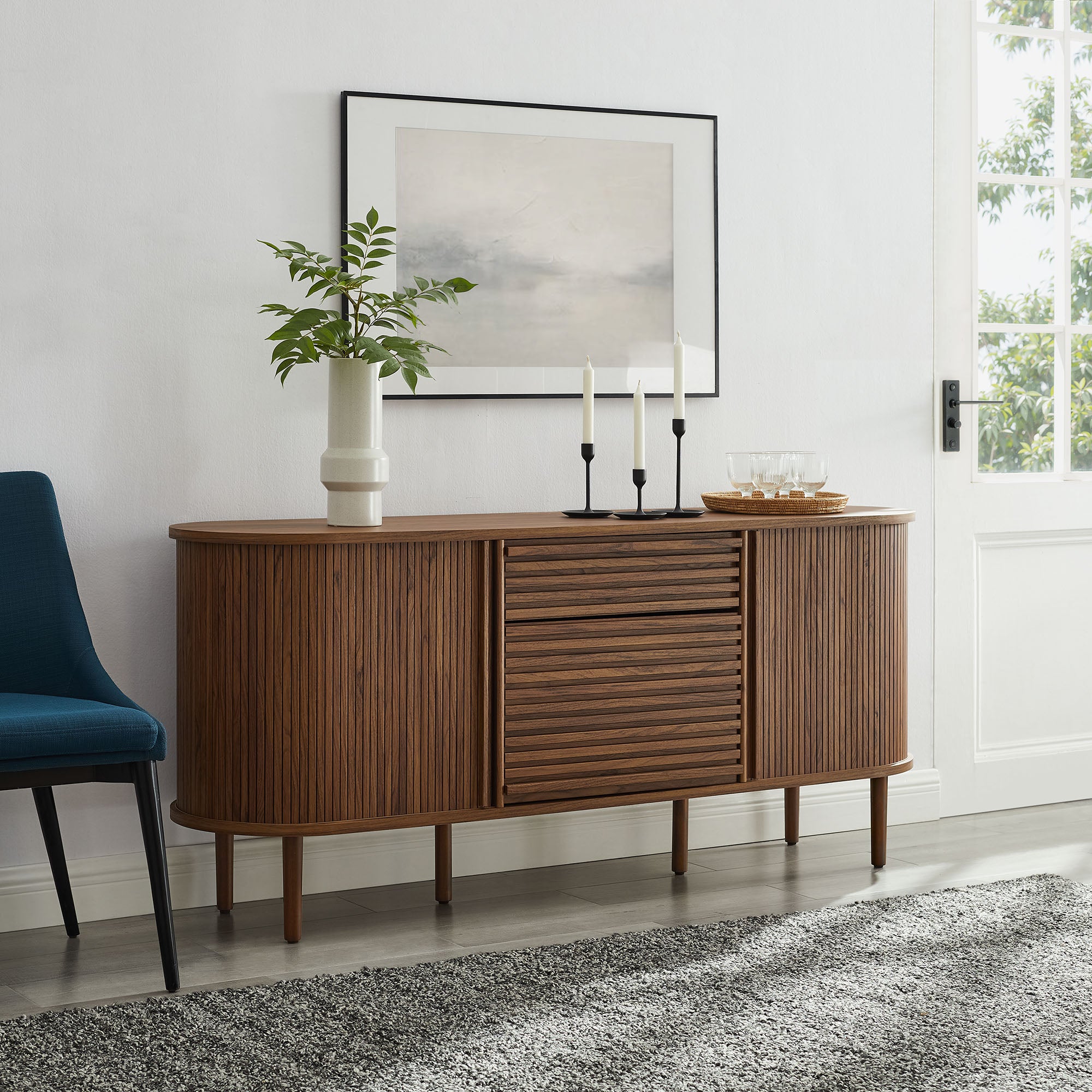 Harlan 67" Fluted Oval Sideboard Cabinet, Walnut