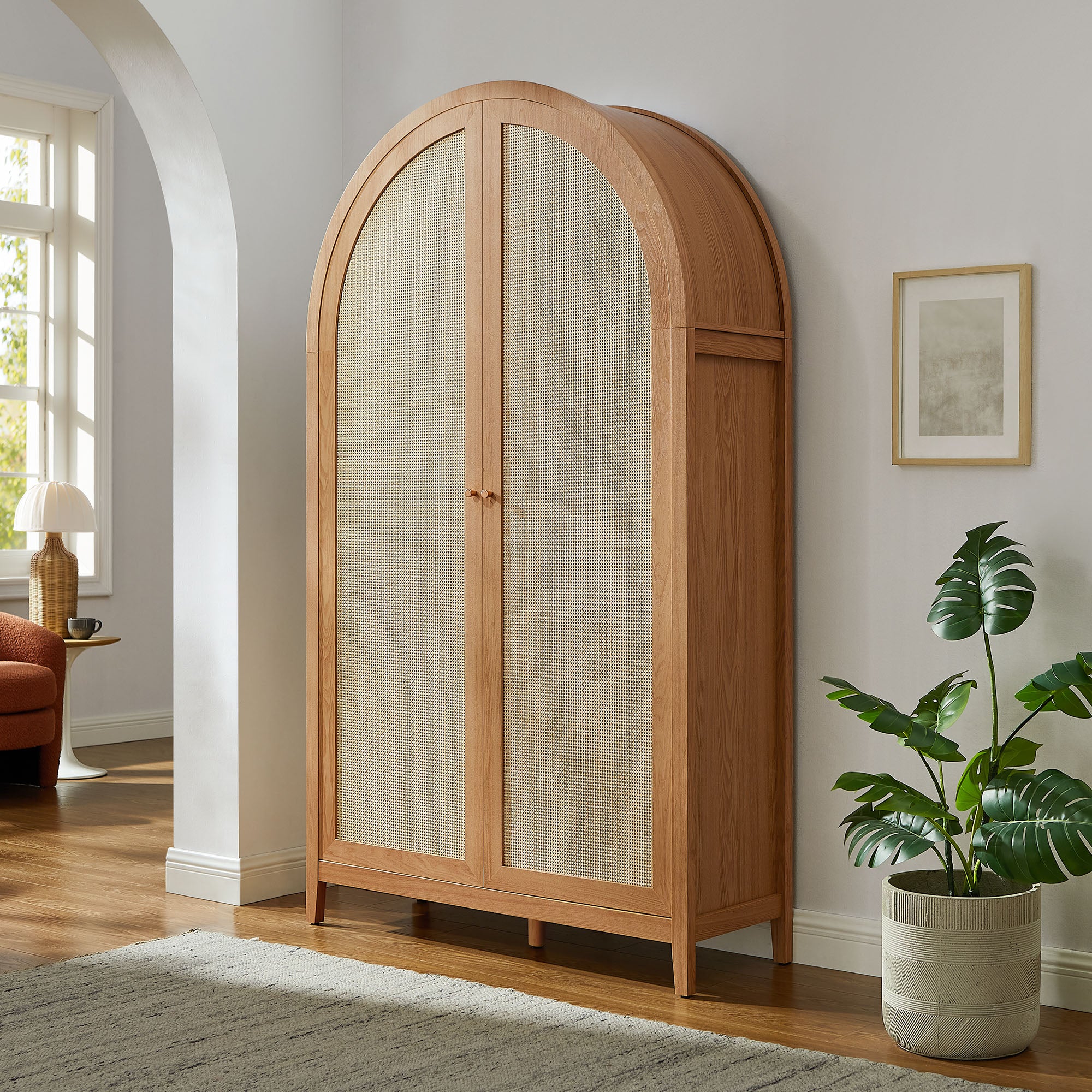 Calista 79" Tall Wide Rattan Arched Storage Cabinet, Natural