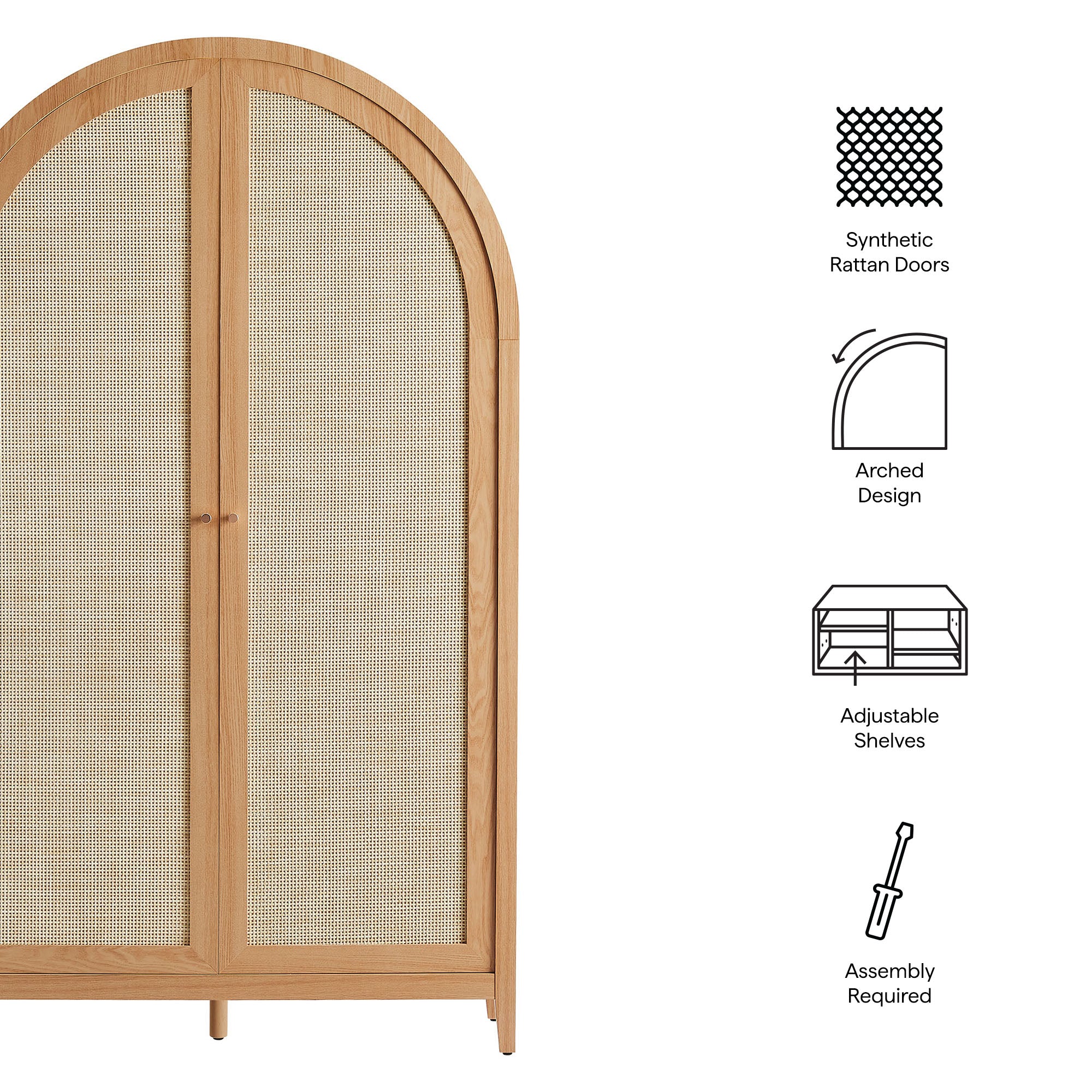 Calista 79" Tall Wide Rattan Arched Storage Cabinet, Natural