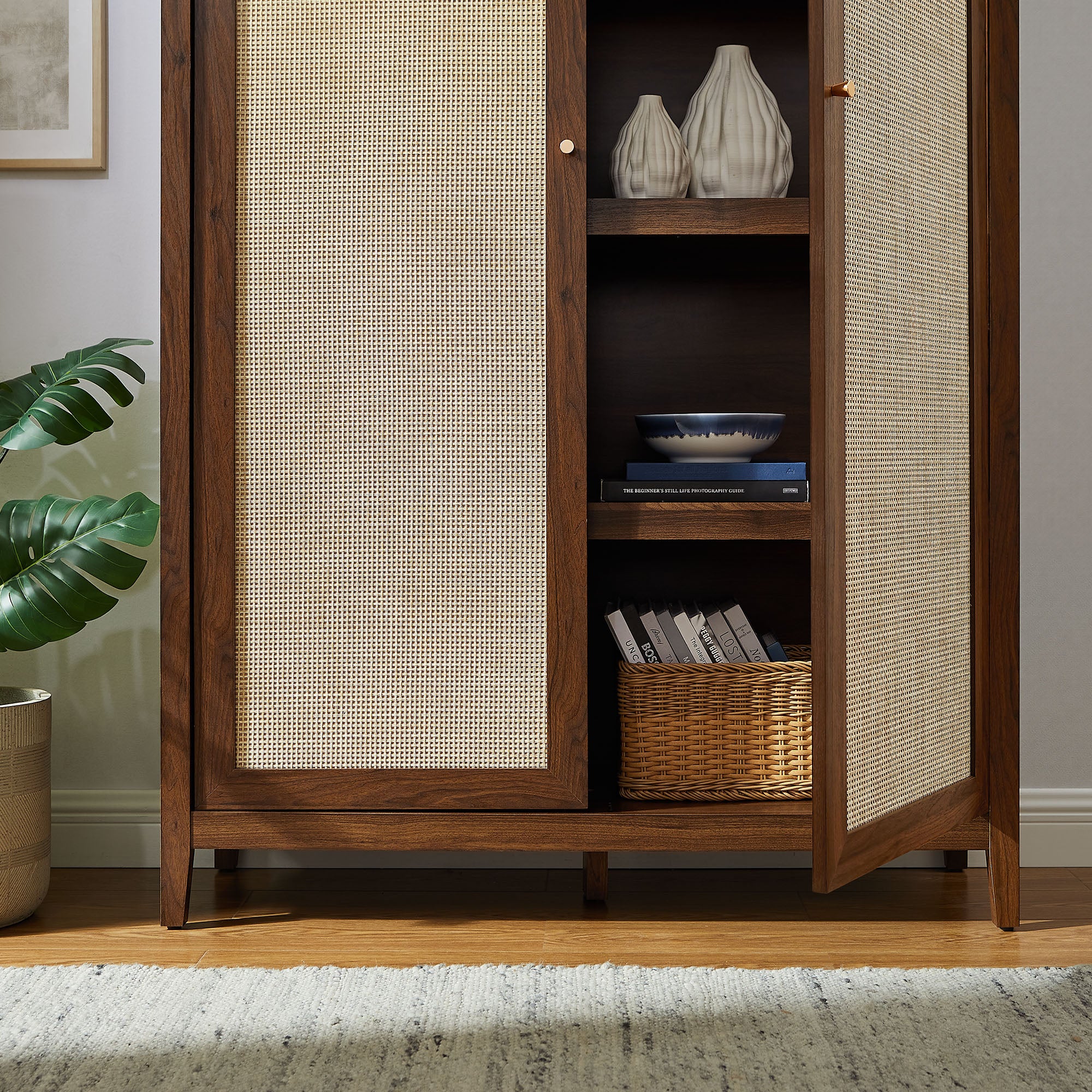 Calista 79" Tall Wide Rattan Arched Storage Cabinet, Walnut