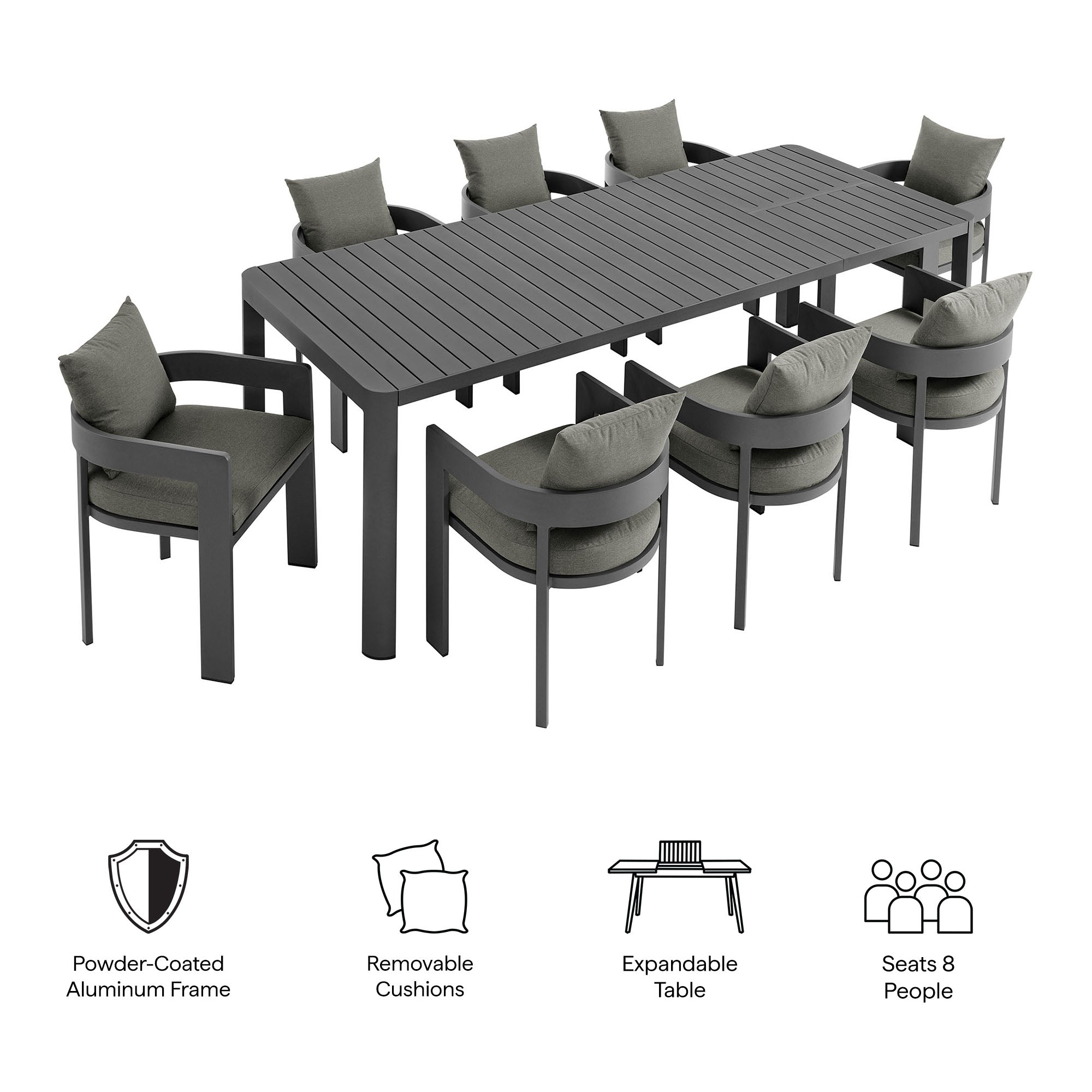 Tahoe 9-Piece Outdoor Patio Aluminum Dining Set With Extendable Table, Gray Charcoal