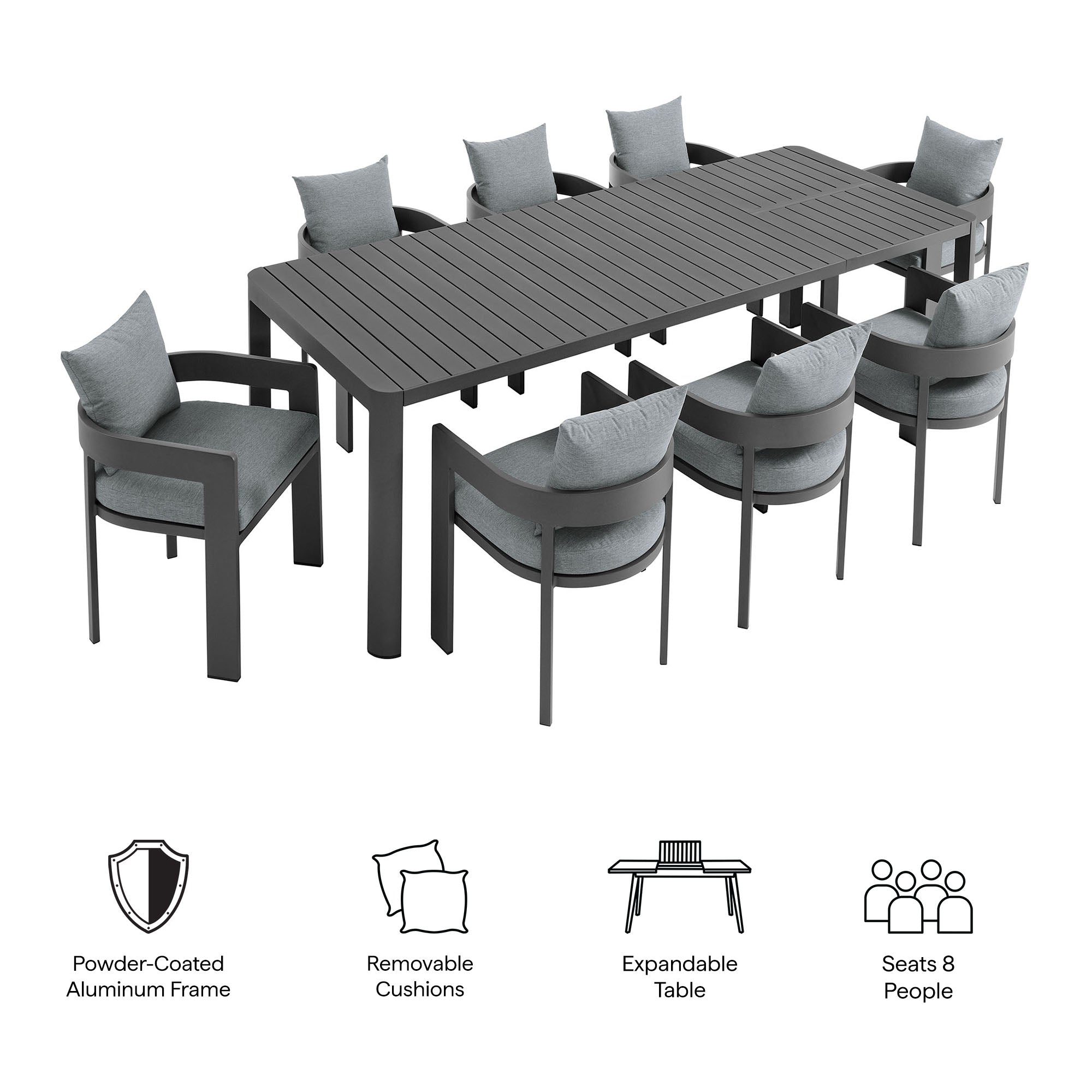 Tahoe 9-Piece Outdoor Patio Aluminum Dining Set With Extendable Table, Gray Gray