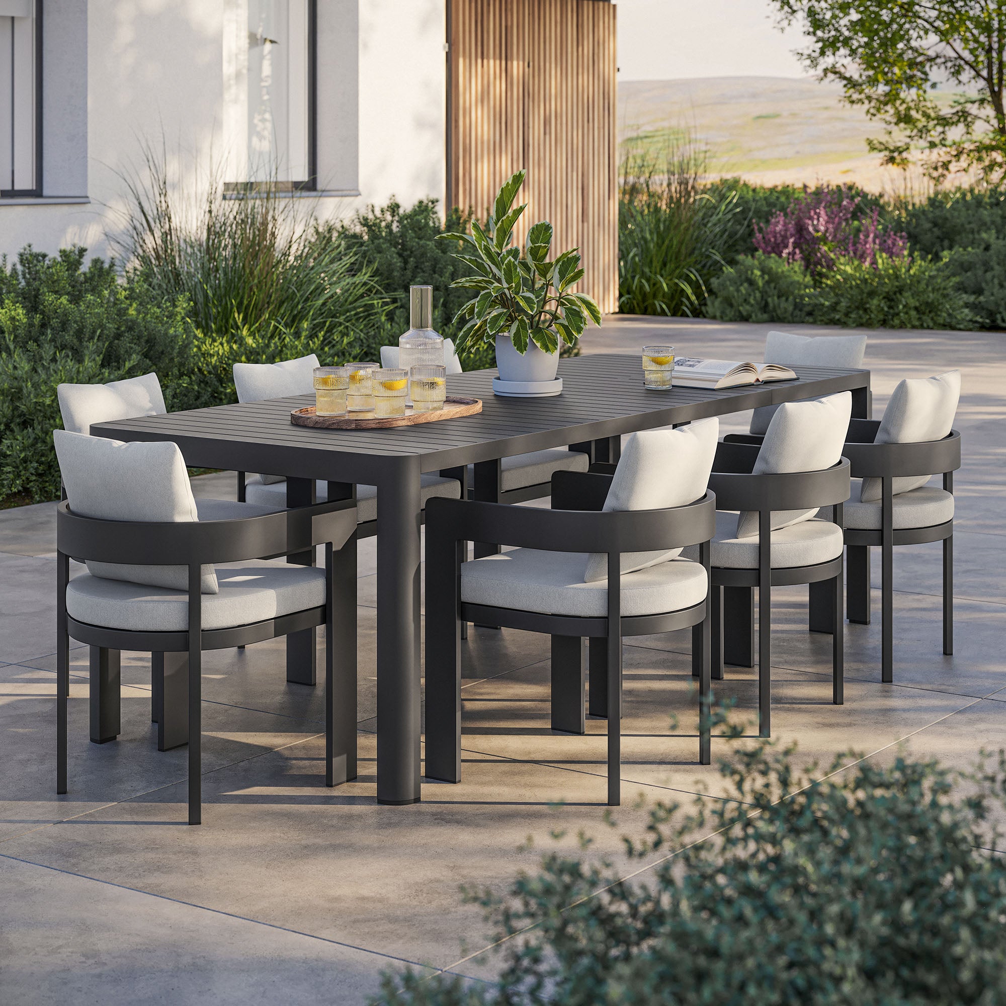 Tahoe 9-Piece Outdoor Patio Aluminum Dining Set With Extendable Table, Gray White
