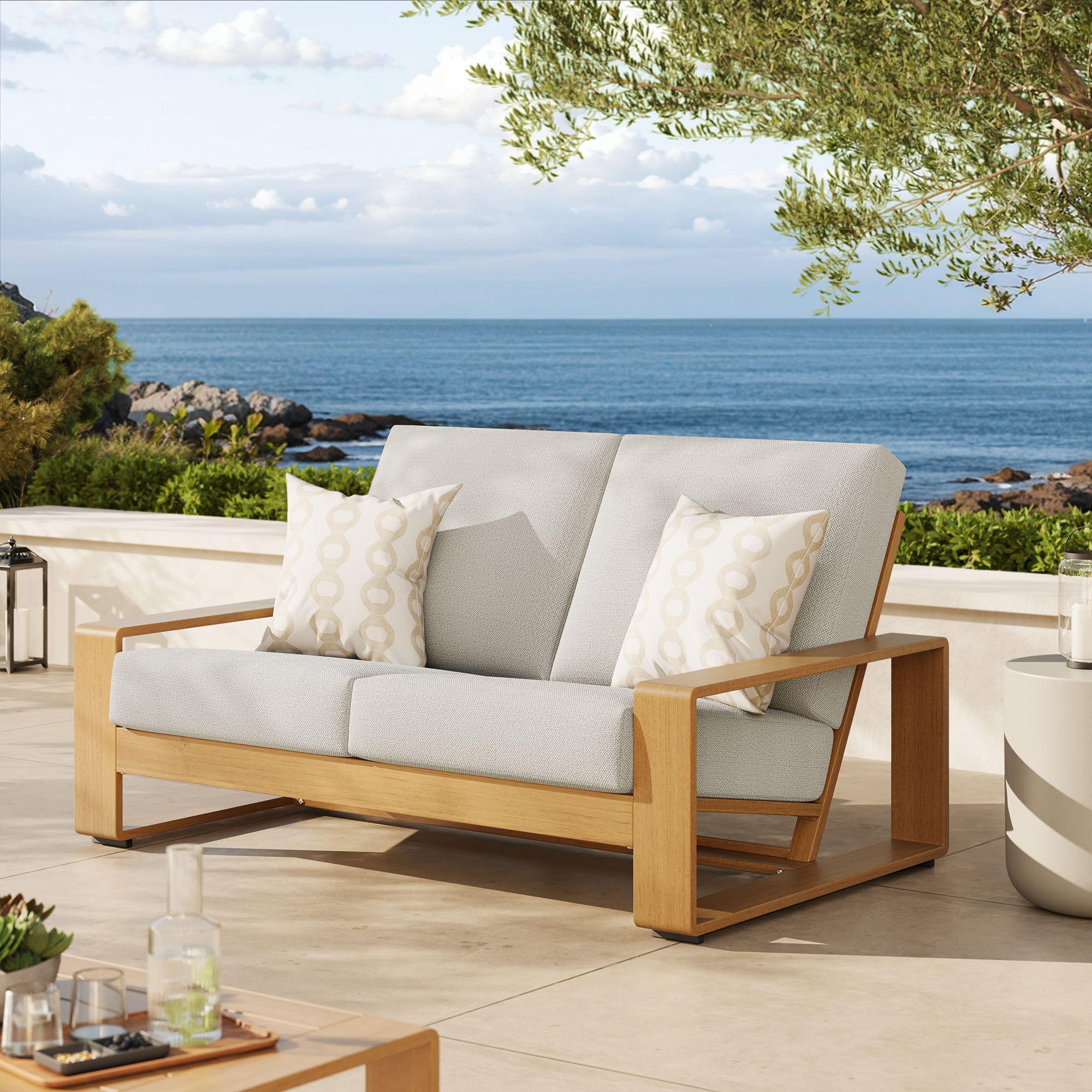 Lirienne Outdoor Patio Aluminum Faux Wood Loveseat, Ivory Natural