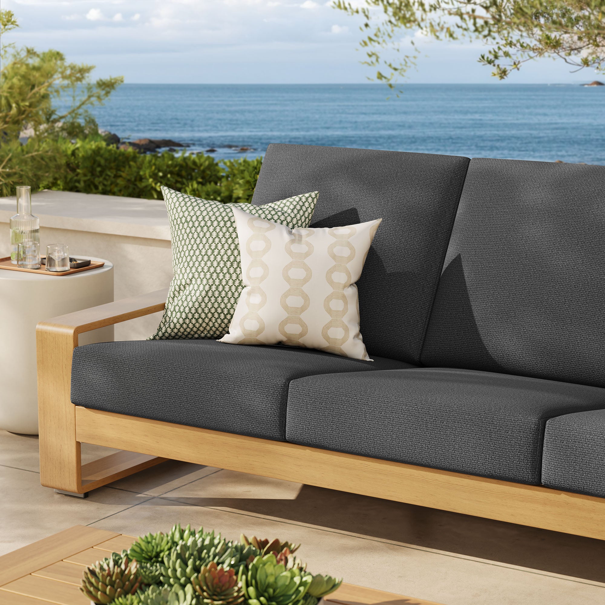 Lirienne Outdoor Patio Aluminum Faux Wood Sofa, Charcoal Natural