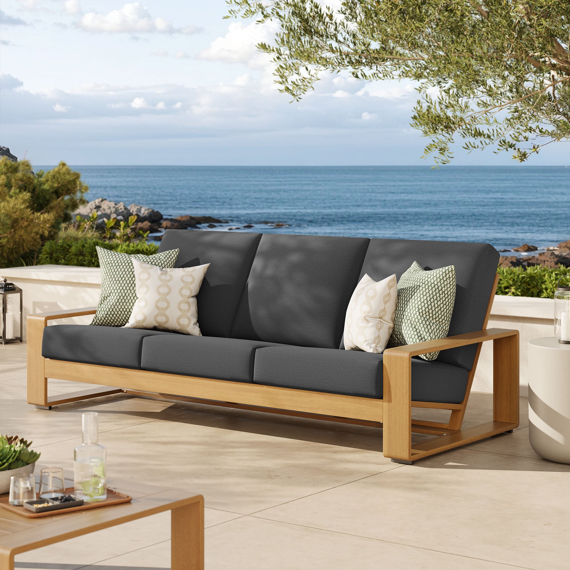 Lirienne Outdoor Patio Aluminum Faux Wood Sofa, Charcoal Natural