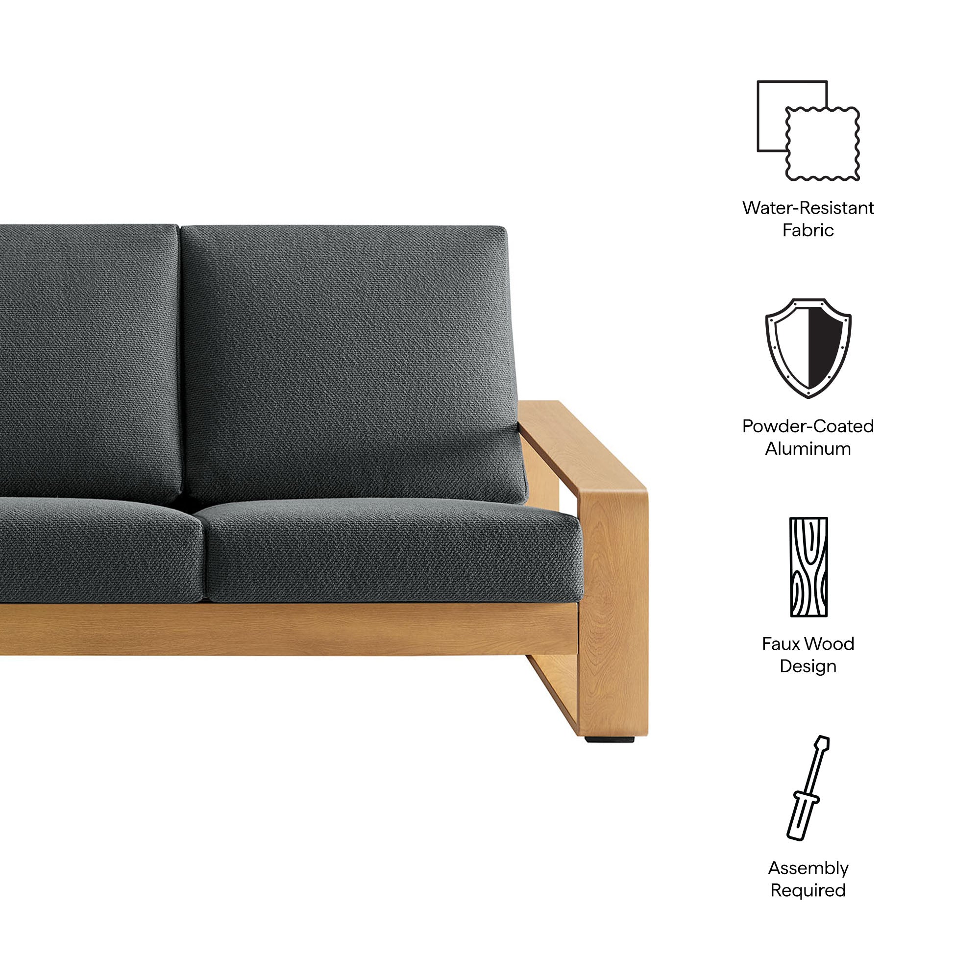 Lirienne Outdoor Patio Aluminum Faux Wood Sofa, Charcoal Natural