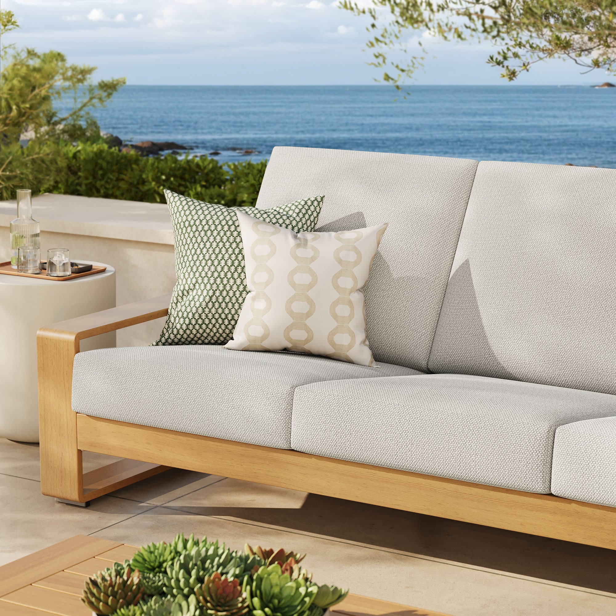 Lirienne Outdoor Patio Aluminum Faux Wood Sofa, Ivory Natural