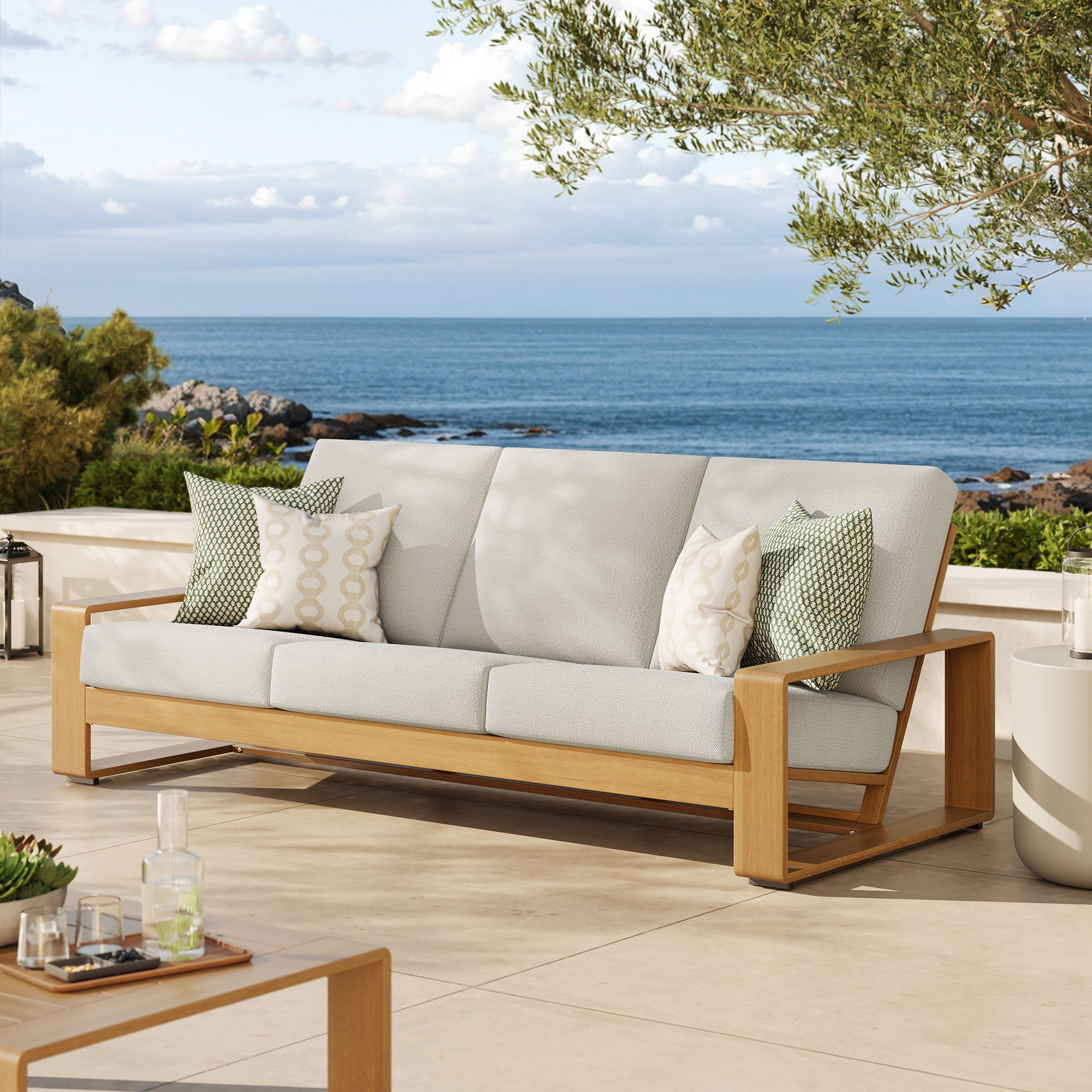 Lirienne Outdoor Patio Aluminum Faux Wood Sofa, Ivory Natural