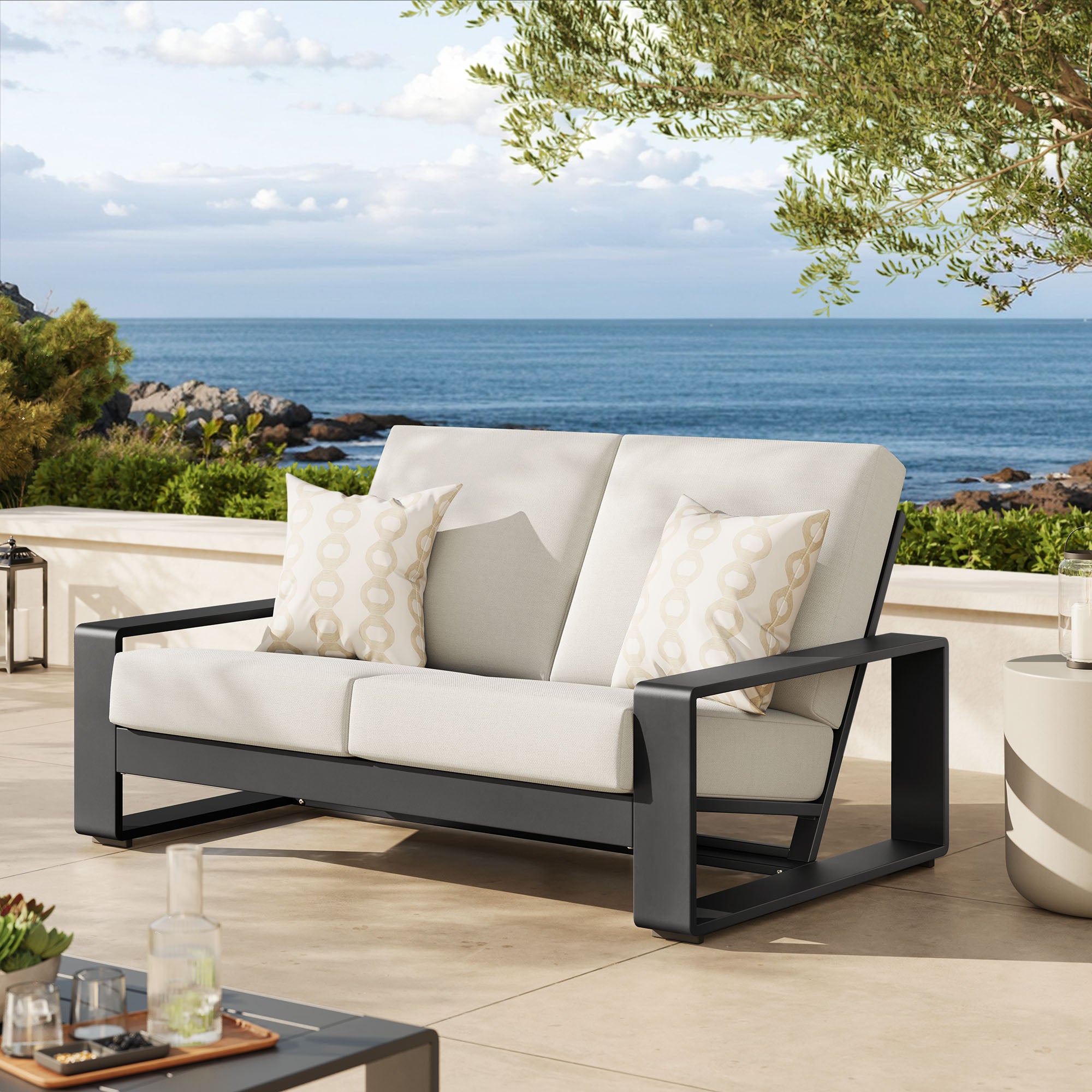 Lirienne Outdoor Patio Aluminum Loveseat, Cream Gray