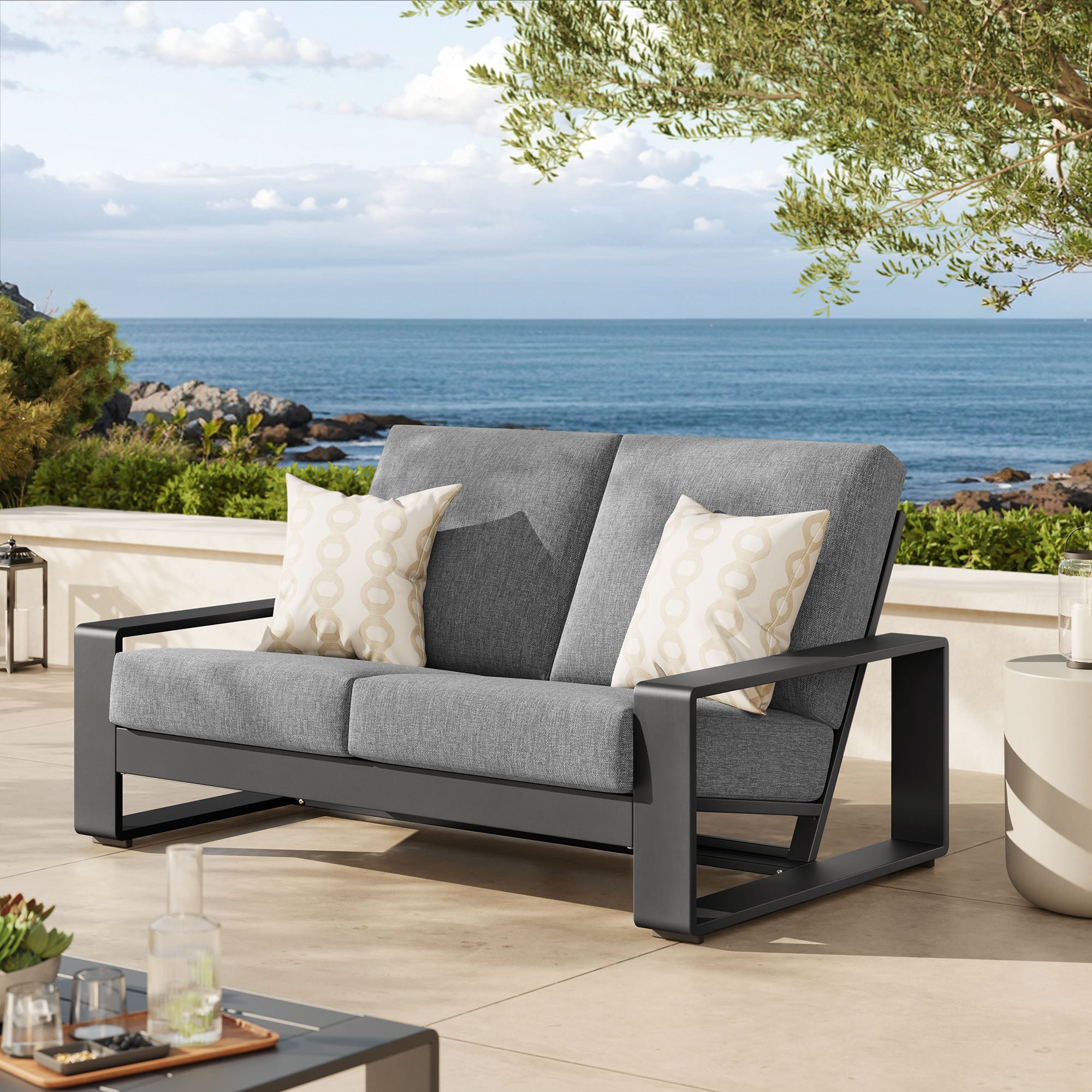 Lirienne Outdoor Patio Aluminum Loveseat, Light Gray Gray