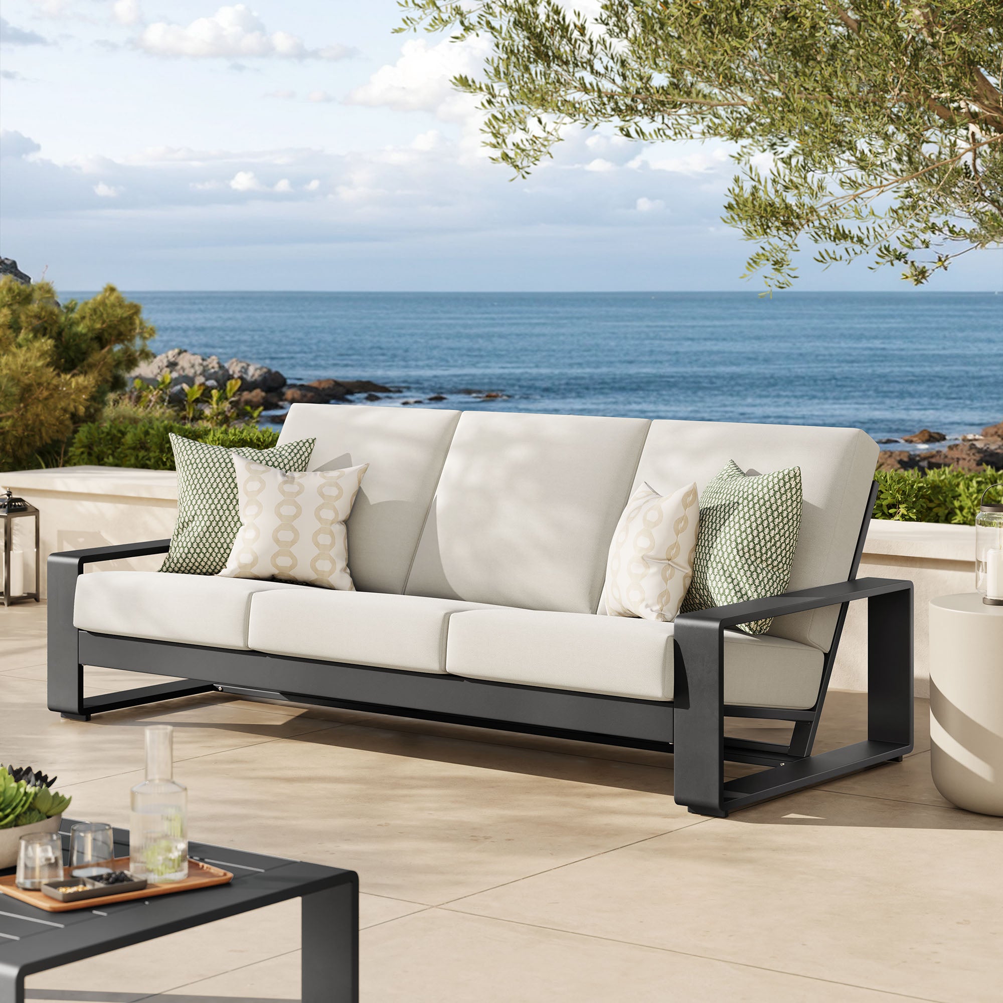 Lirienne Outdoor Patio Aluminum Sofa, Cream Gray