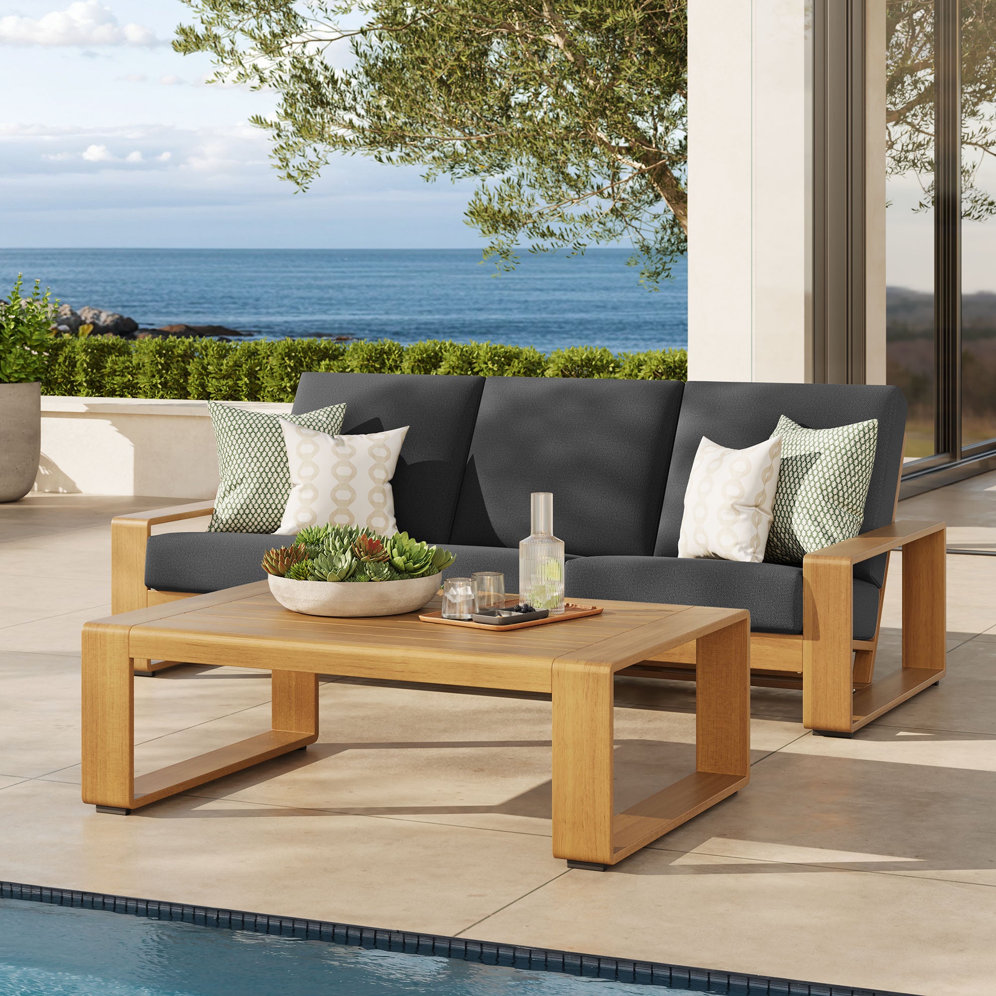 Lirienne 2-Piece Outdoor Patio Aluminum Faux Wood Furniture Set, Charcoal Natural