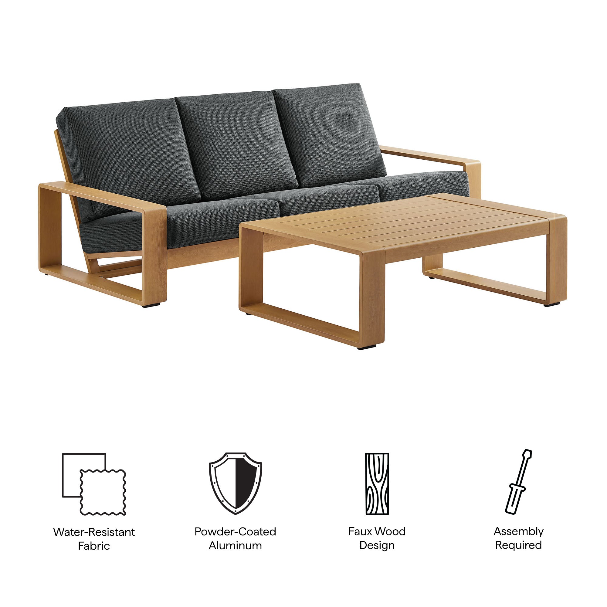 Lirienne 2-Piece Outdoor Patio Aluminum Faux Wood Furniture Set, Charcoal Natural