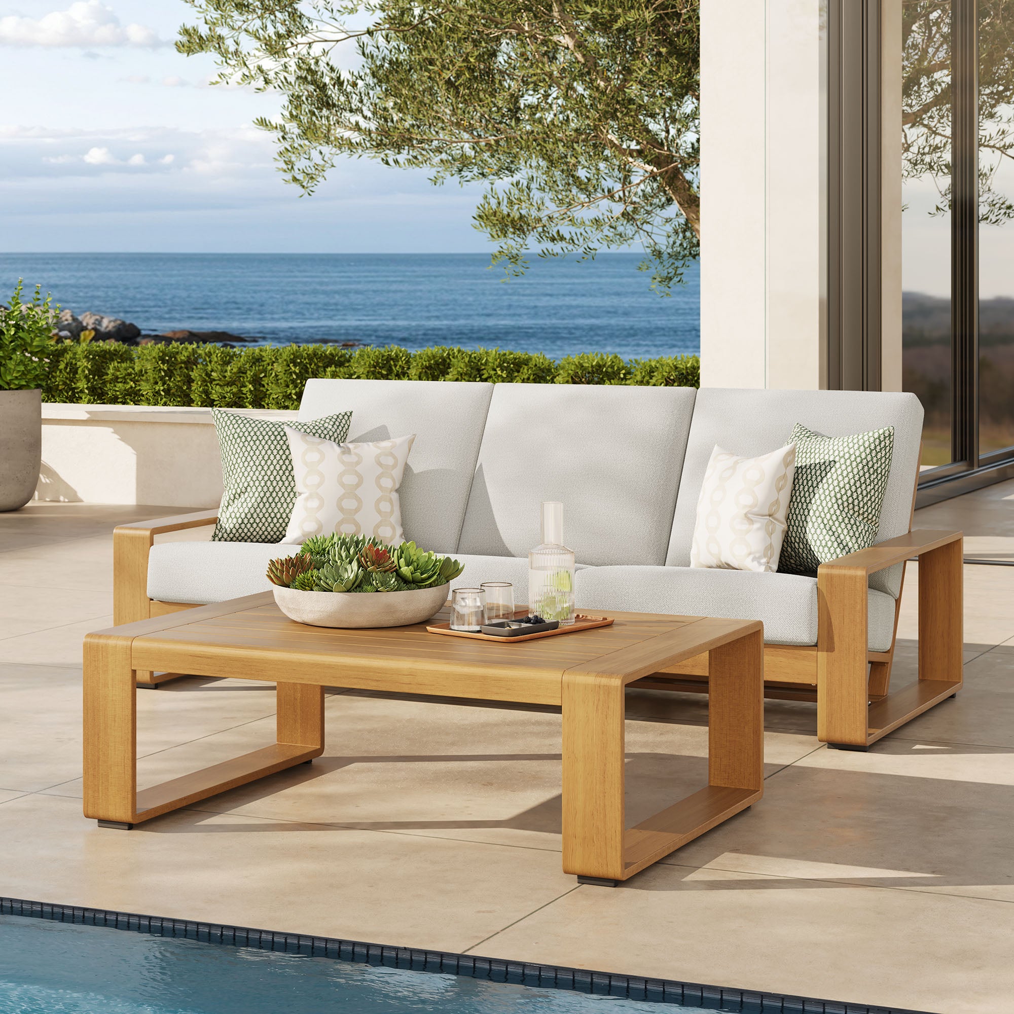 Lirienne 2-Piece Outdoor Patio Aluminum Faux Wood Furniture Set, Ivory Natural