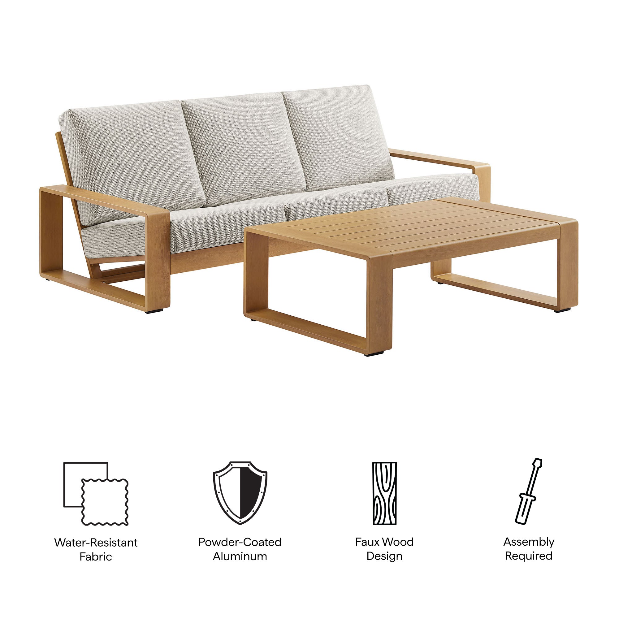 Lirienne 2-Piece Outdoor Patio Aluminum Faux Wood Furniture Set, Ivory Natural