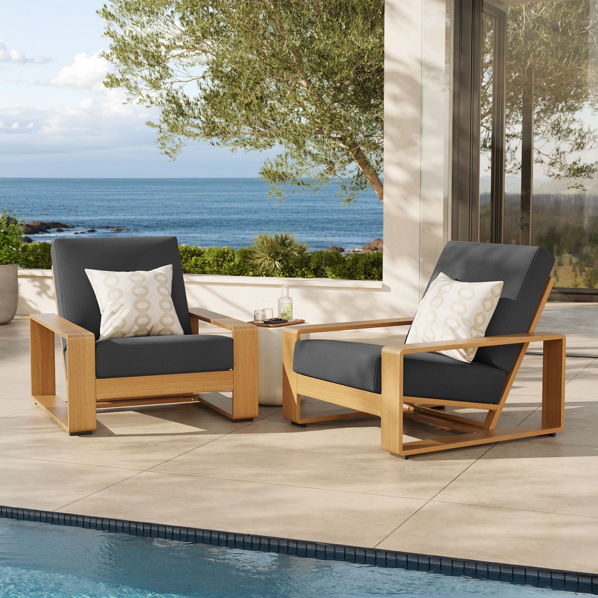 Lirienne Outdoor Patio Aluminum Faux Wood Armchairs Set of 2, Charcoal Natural