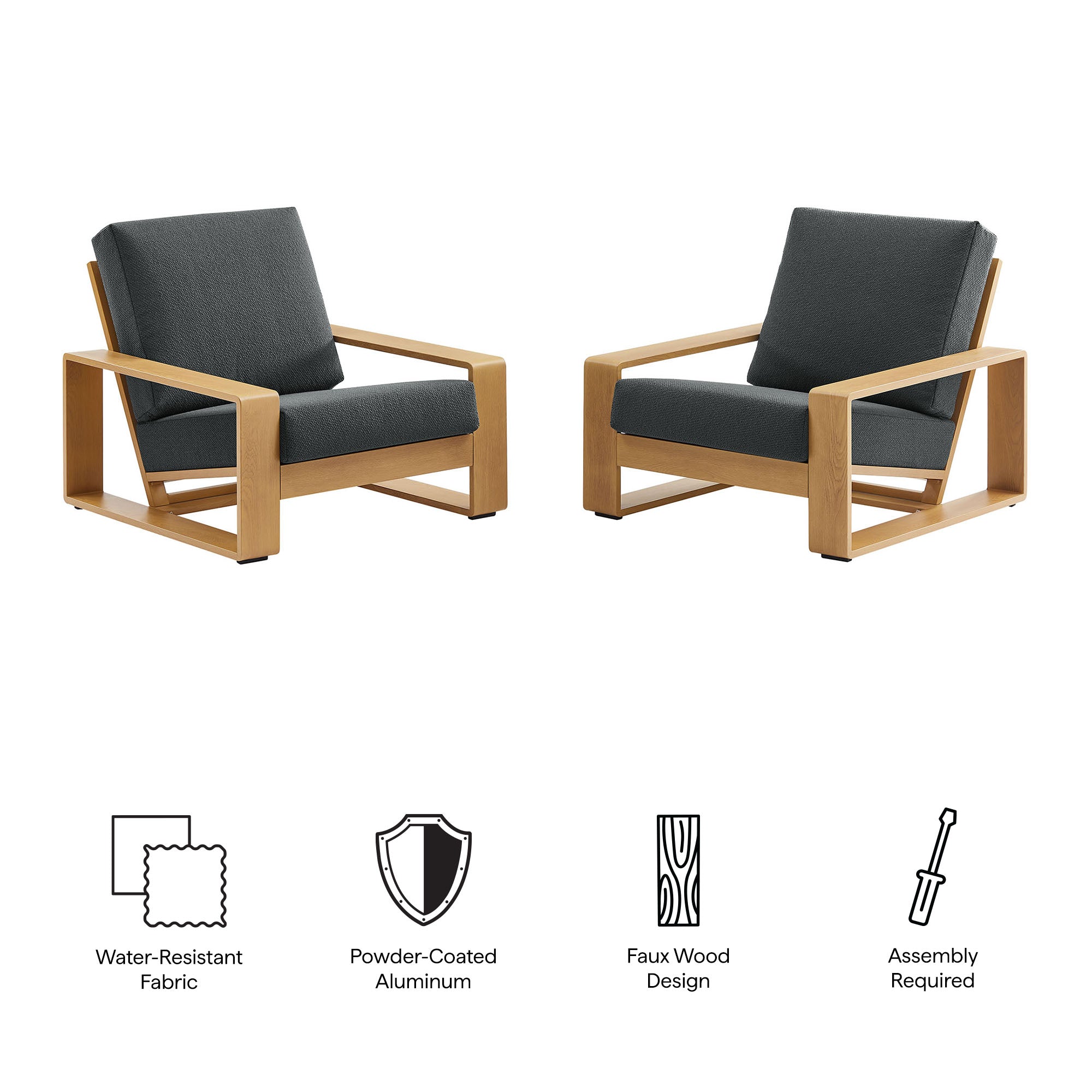 Lirienne Outdoor Patio Aluminum Faux Wood Armchairs Set of 2, Charcoal Natural