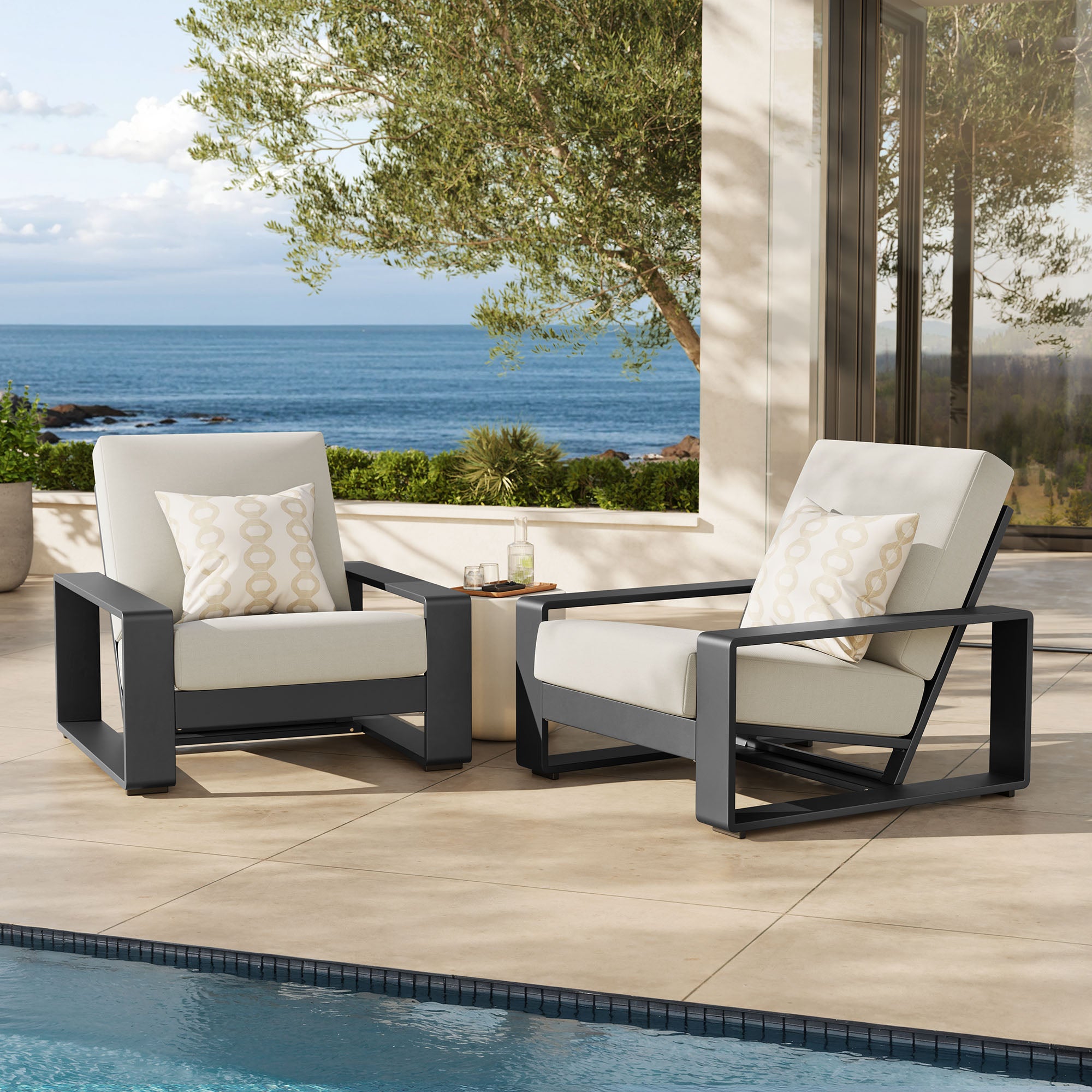 Lirienne Outdoor Patio Aluminum Faux Wood Armchairs Set of 2, Cream
