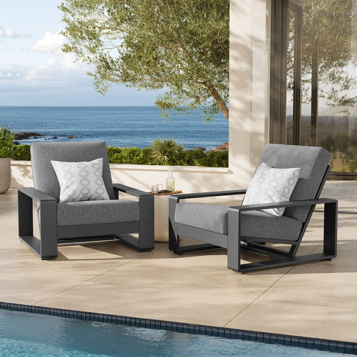 Lirienne Outdoor Patio Aluminum Faux Wood Armchairs Set of 2, Light Gray