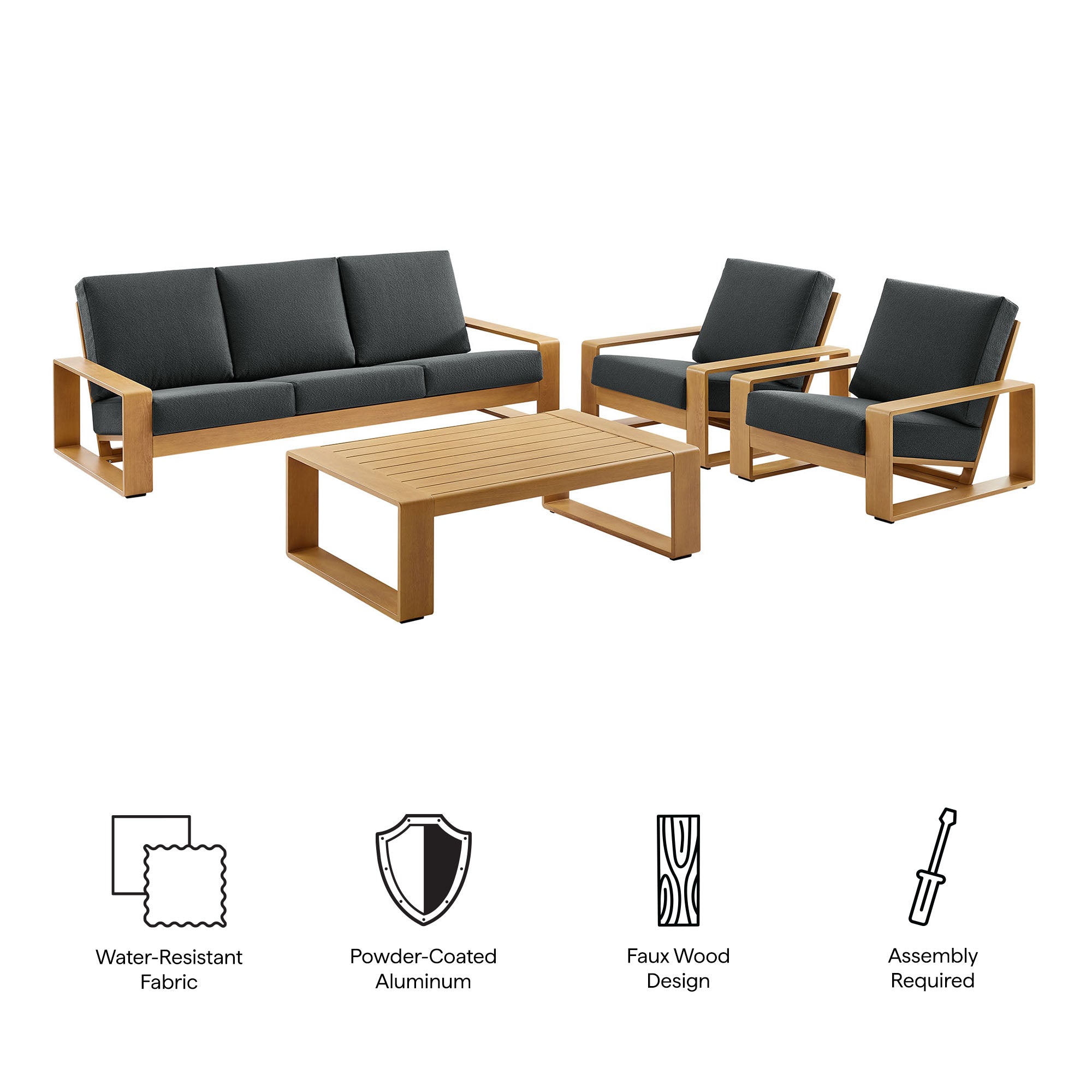 Lirienne 4-Piece Outdoor Patio Aluminum Faux Wood Furniture Set, Charcoal Natural
