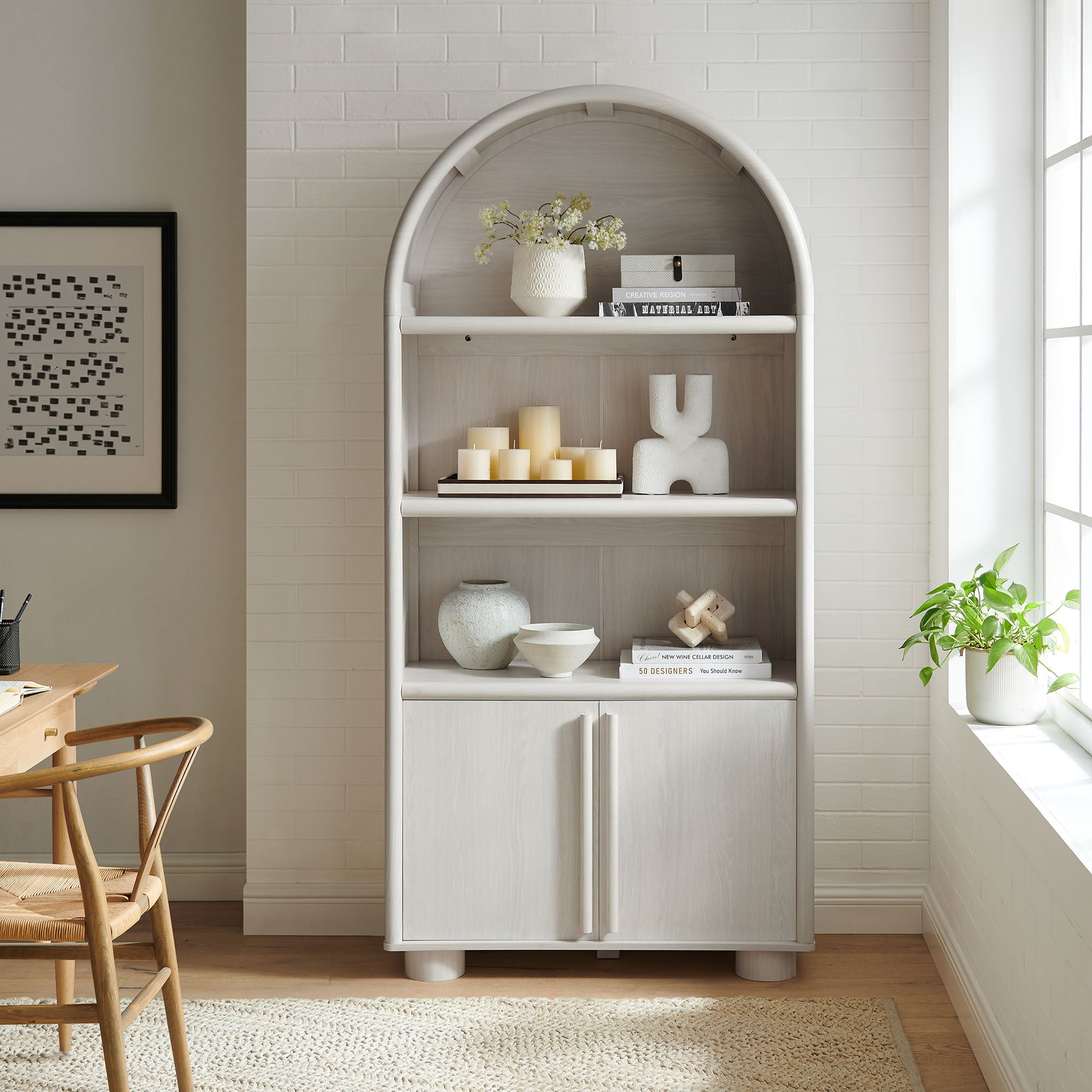 Bellamy Tall Arched Display Cabinet Bookcase, Ash