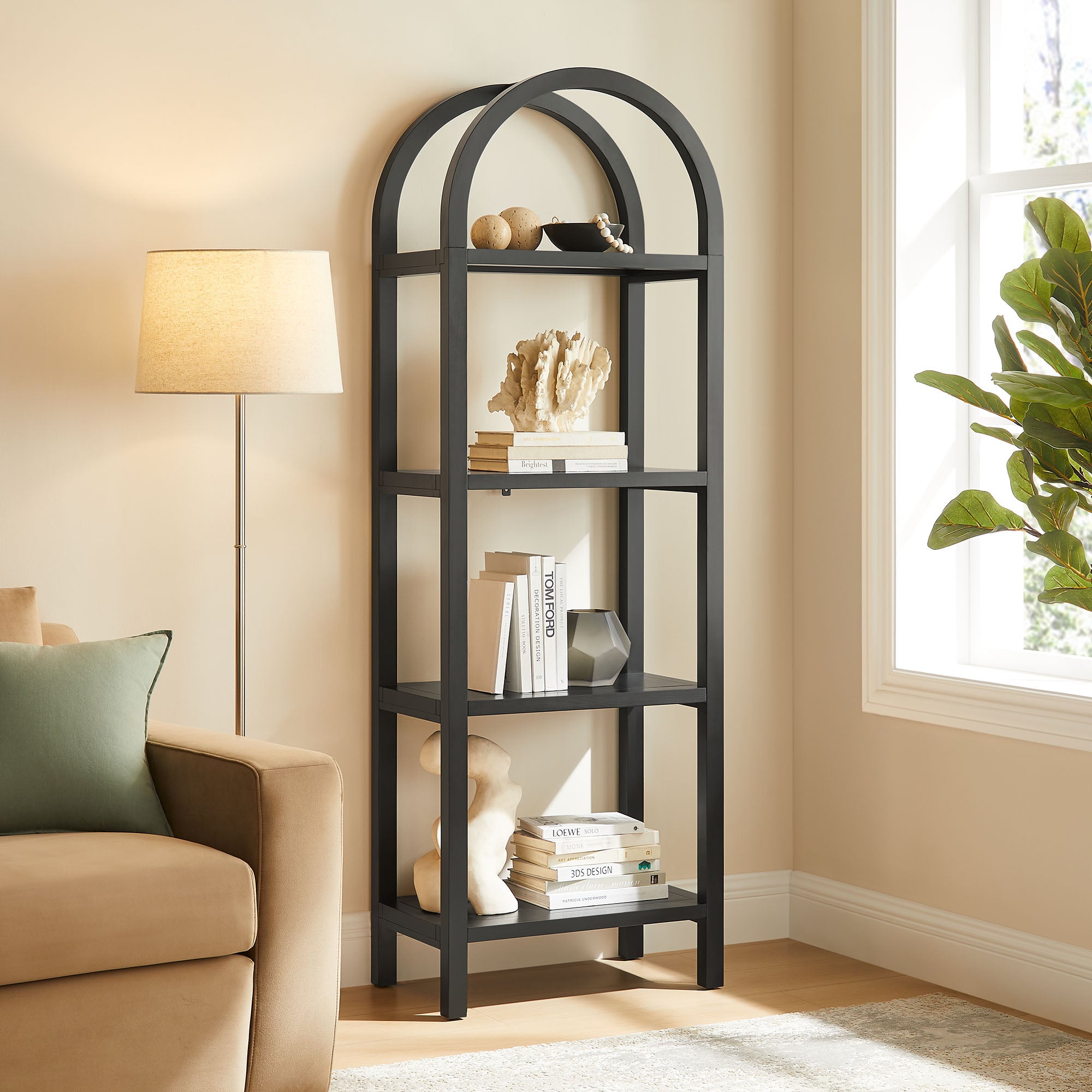 Vexley 72 Inch Tall Narrow Arched Bookshelf, Black