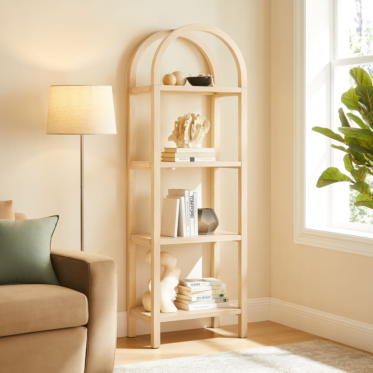 Vexley 72 Inch Tall Narrow Arched Bookshelf, Natural