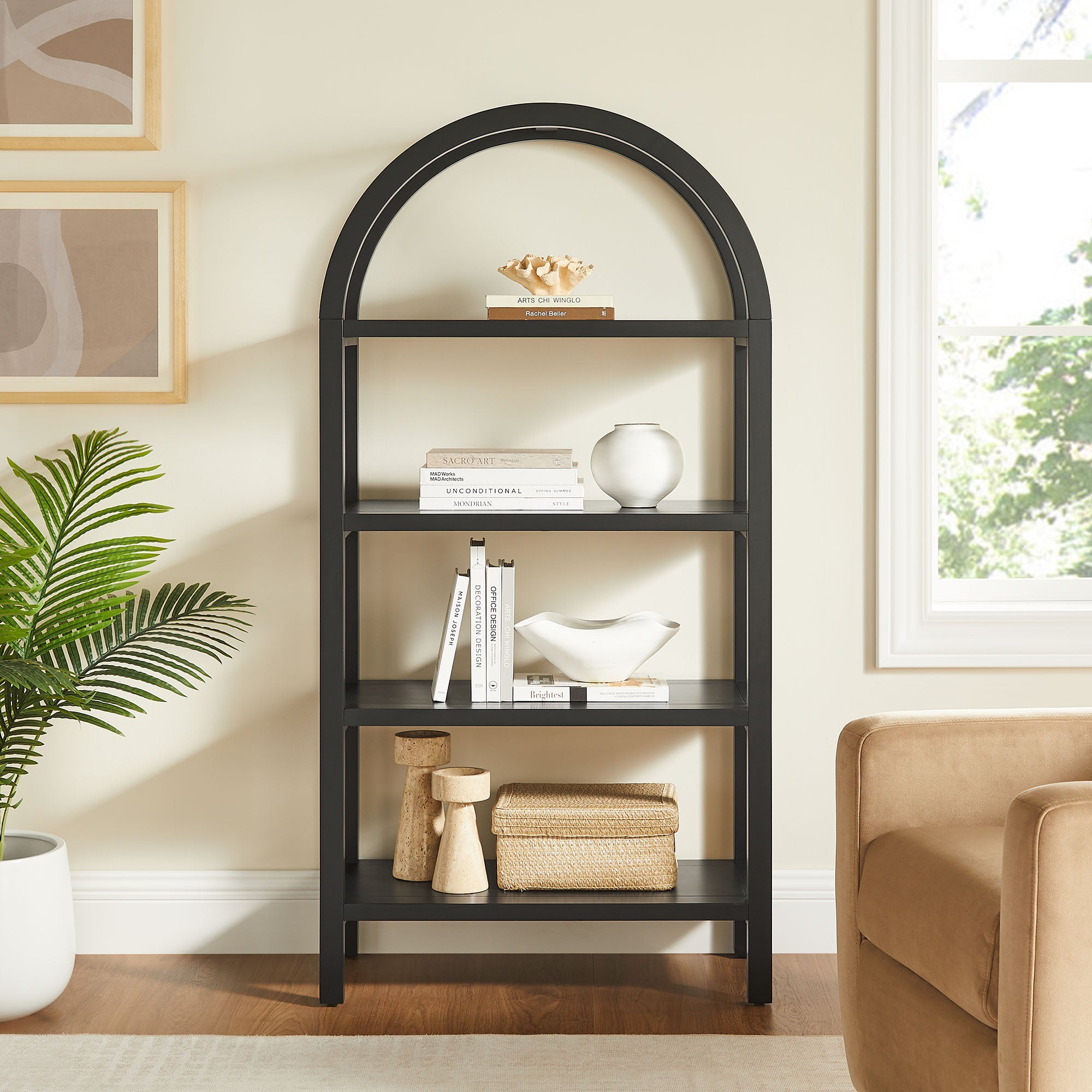 Vexley 60 Inch Arched Bookshelf, Black