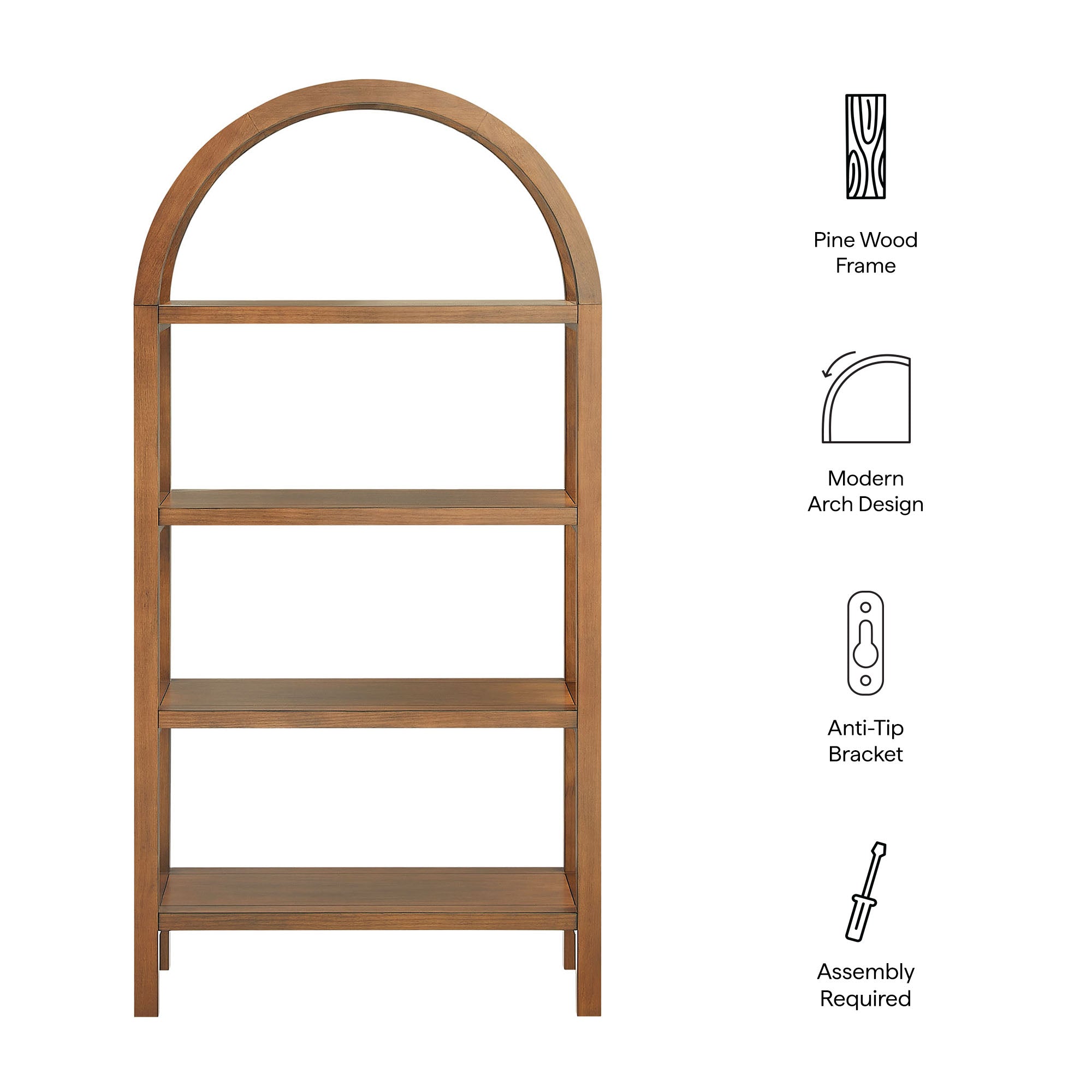 Vexley 60 Inch Arched Bookshelf, Walnut