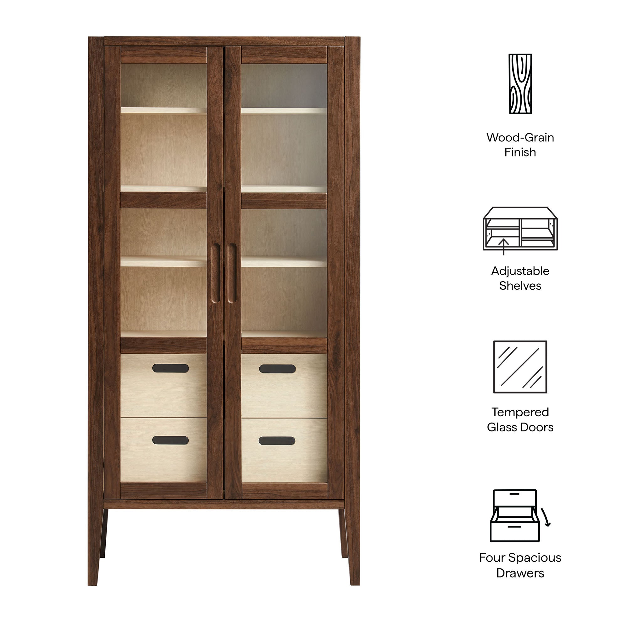 Nell 71" Glass Door Tall Display Storage Cabinet, Walnut