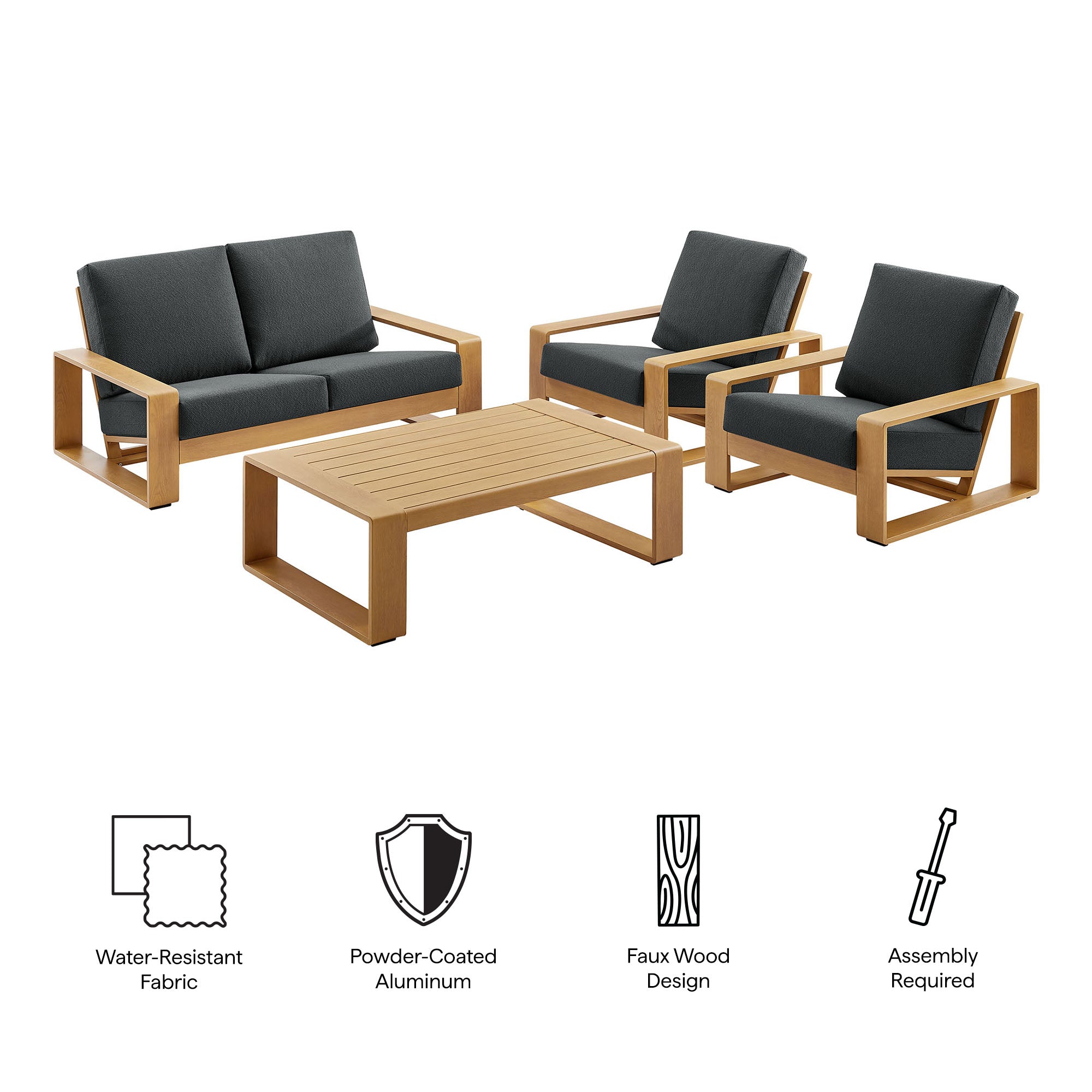 Lirienne 4-Piece Outdoor Patio Aluminum Faux Wood Furniture Set, Charcoal Natural