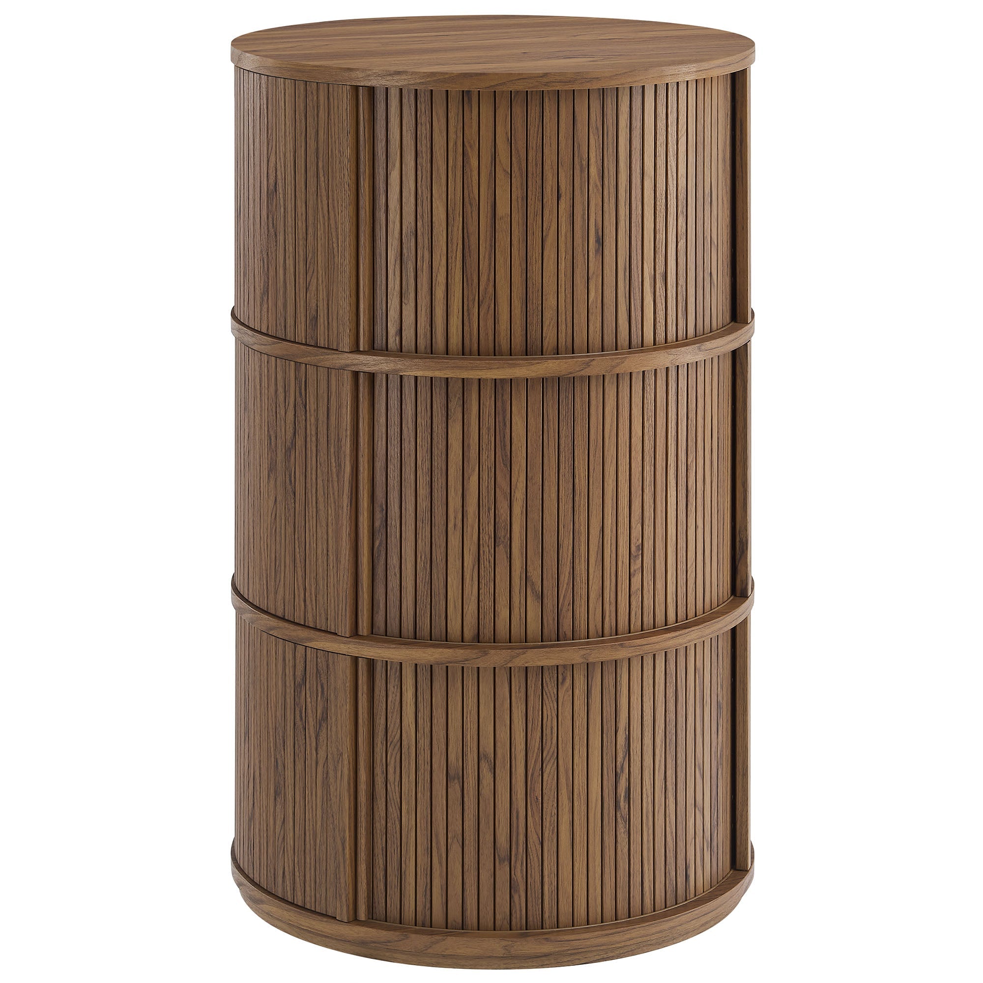 Clement Round Pedestal Stand Storage Table With Sliding Tambour Doors, Walnut
