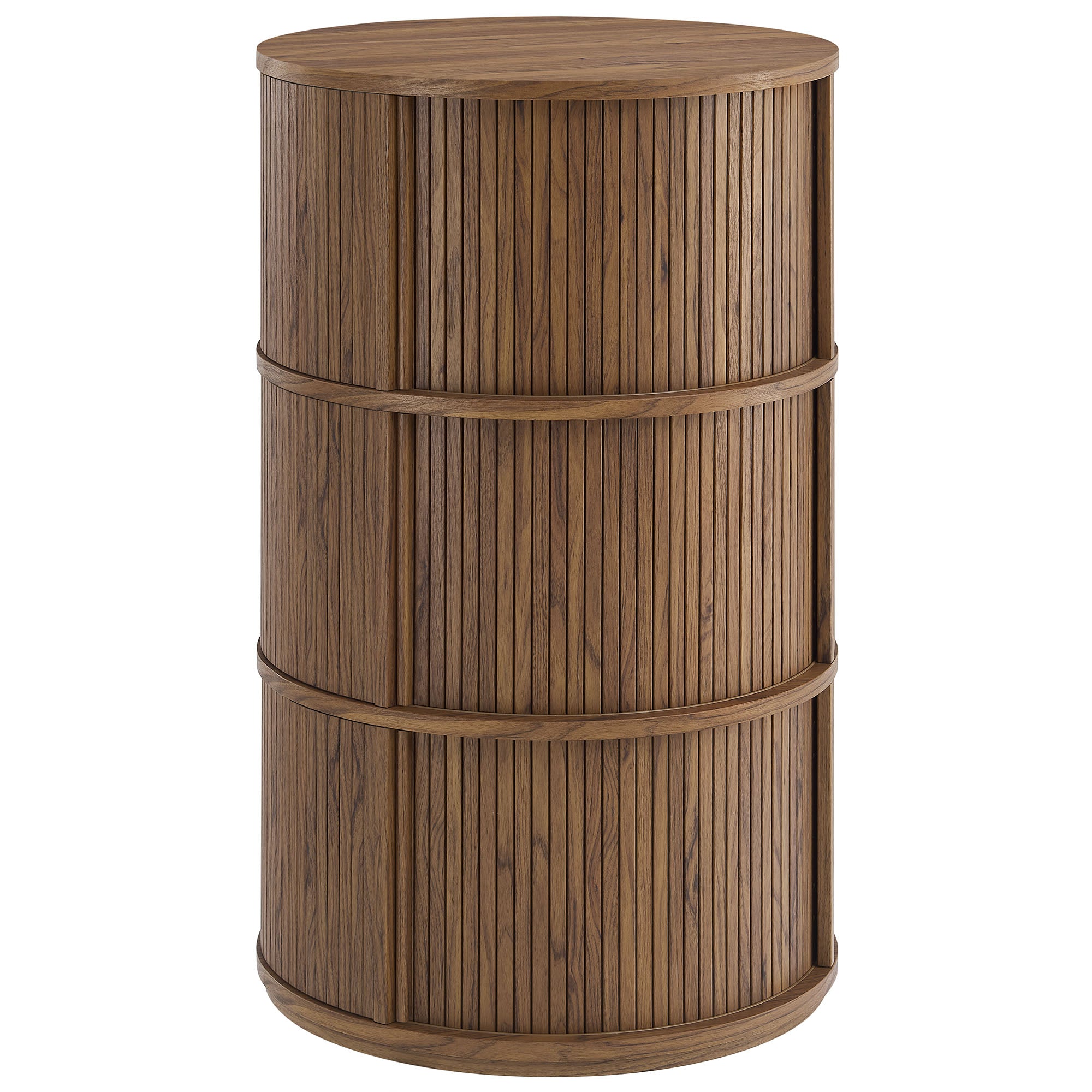 Clement Round Pedestal Stand Storage Table With Sliding Tambour Doors, Walnut