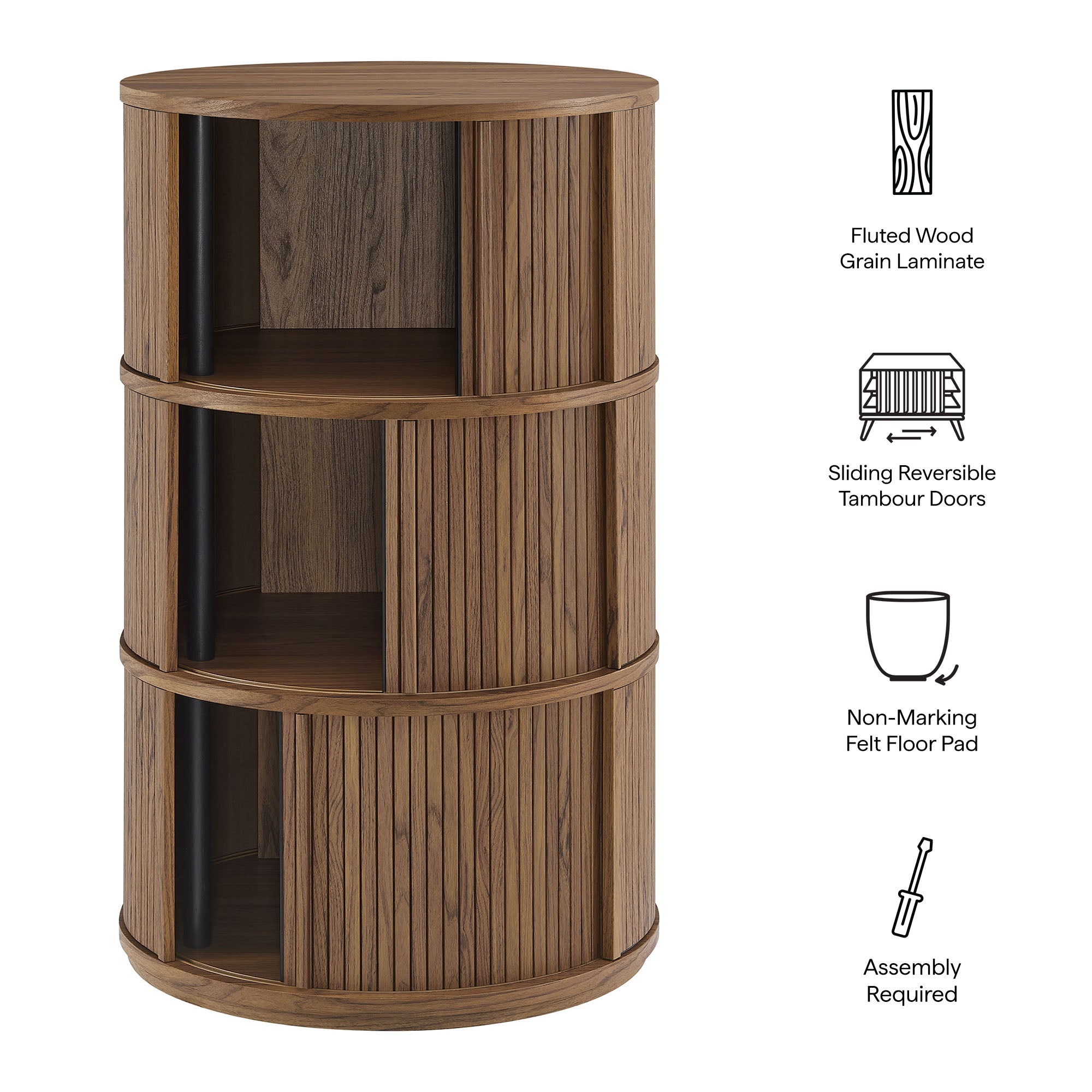 Clement Round Pedestal Stand Storage Table With Sliding Tambour Doors, Walnut
