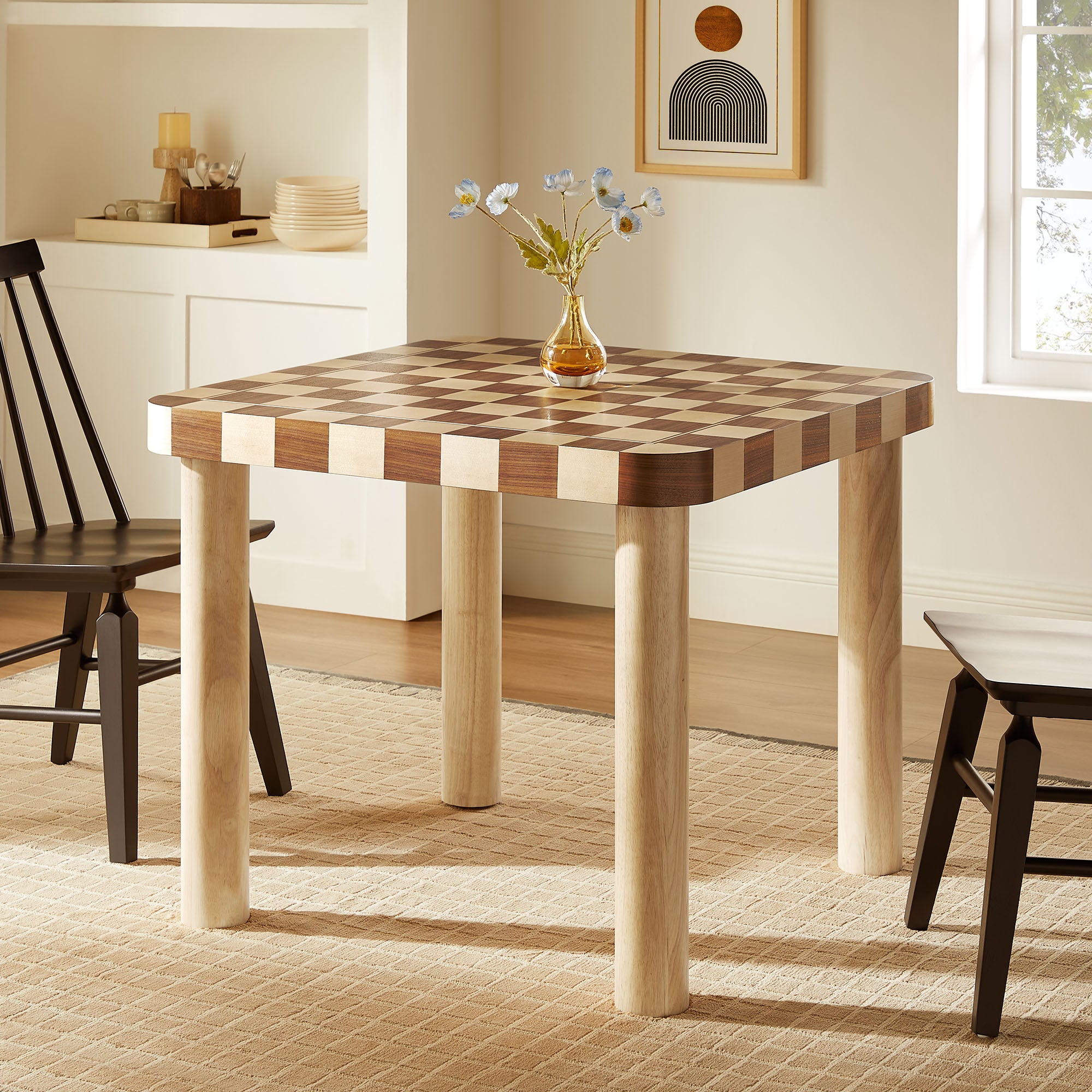 Oscar 36 Inch Square Checkered Dining Table, Oak and Walnut