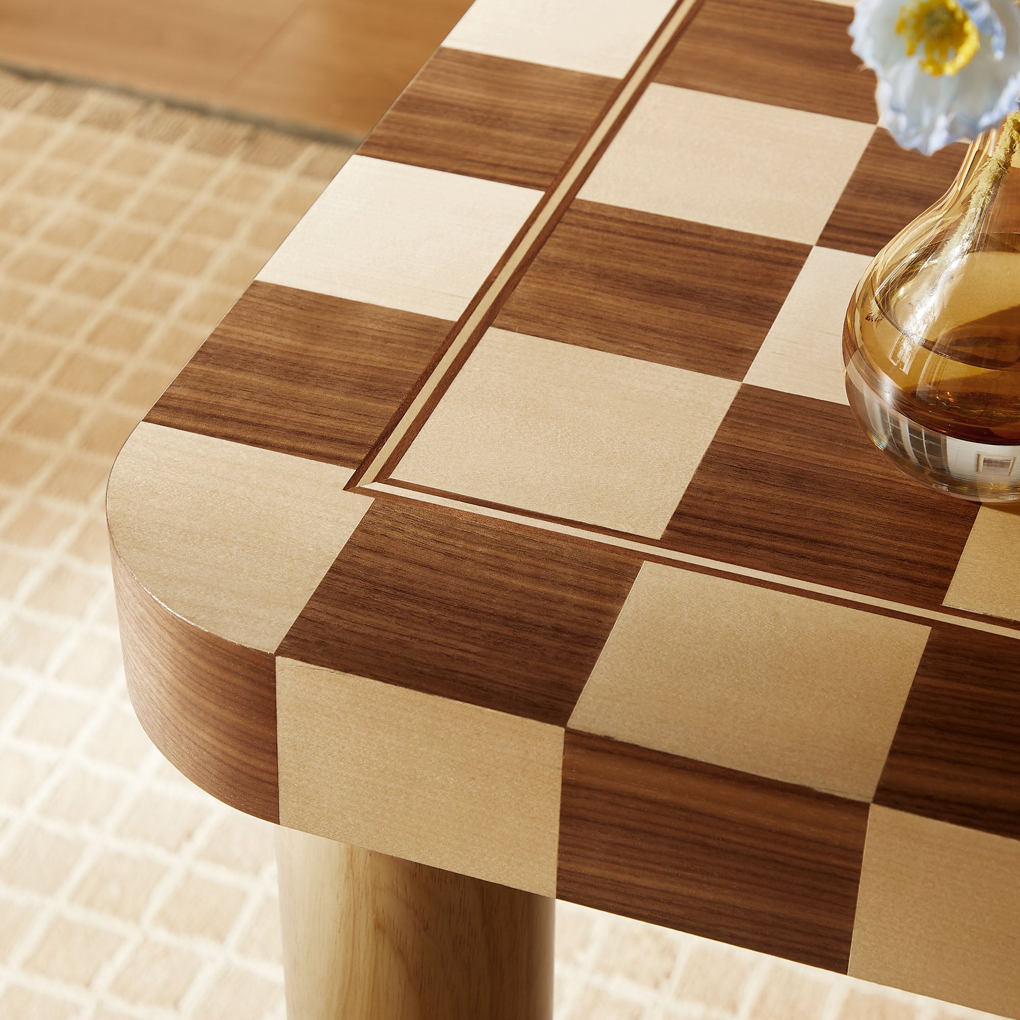 Oscar 36 Inch Square Checkered Dining Table, Oak and Walnut