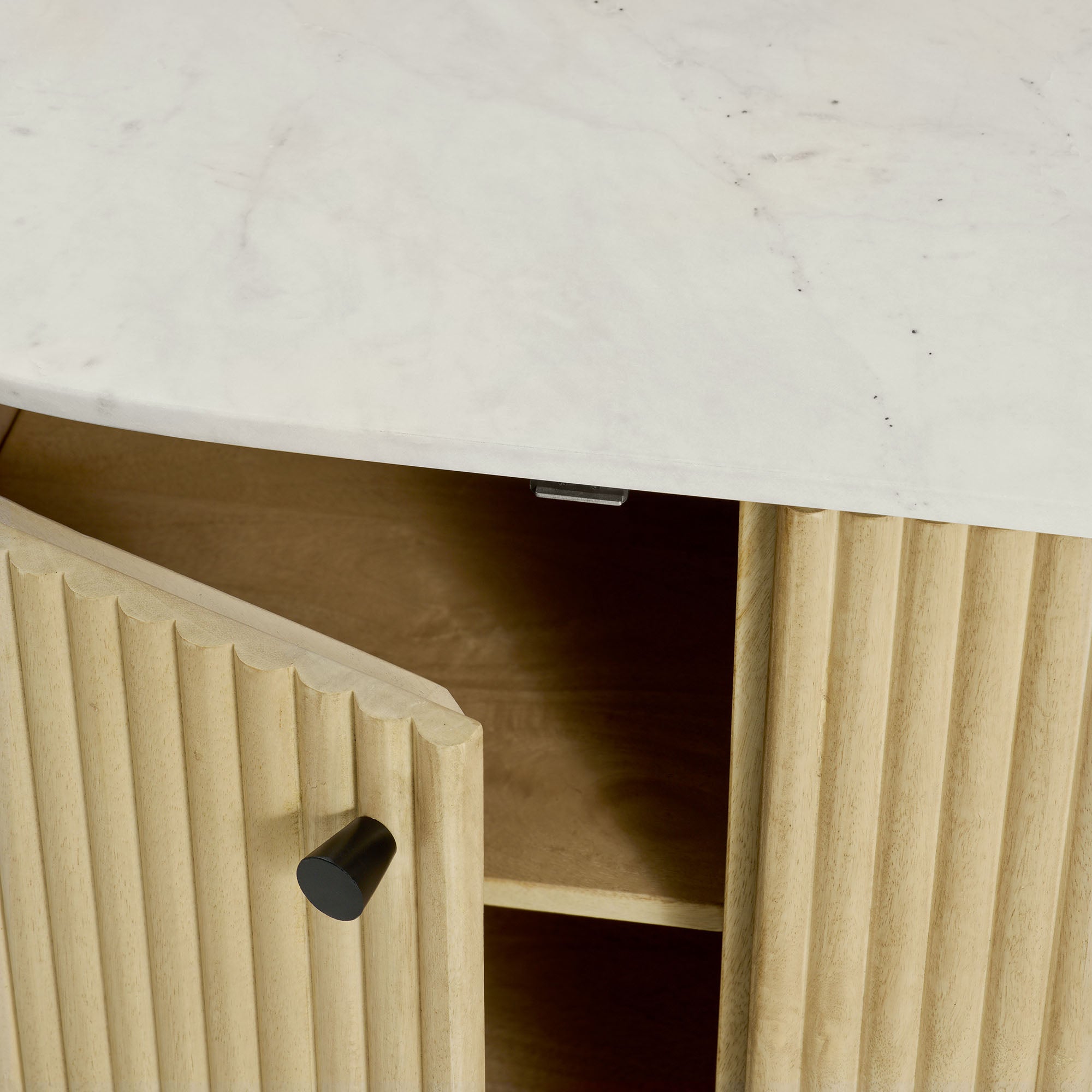 Caldera 60" Curved Solid Wood and Marble Sideboard Storage Cabinet, Natural