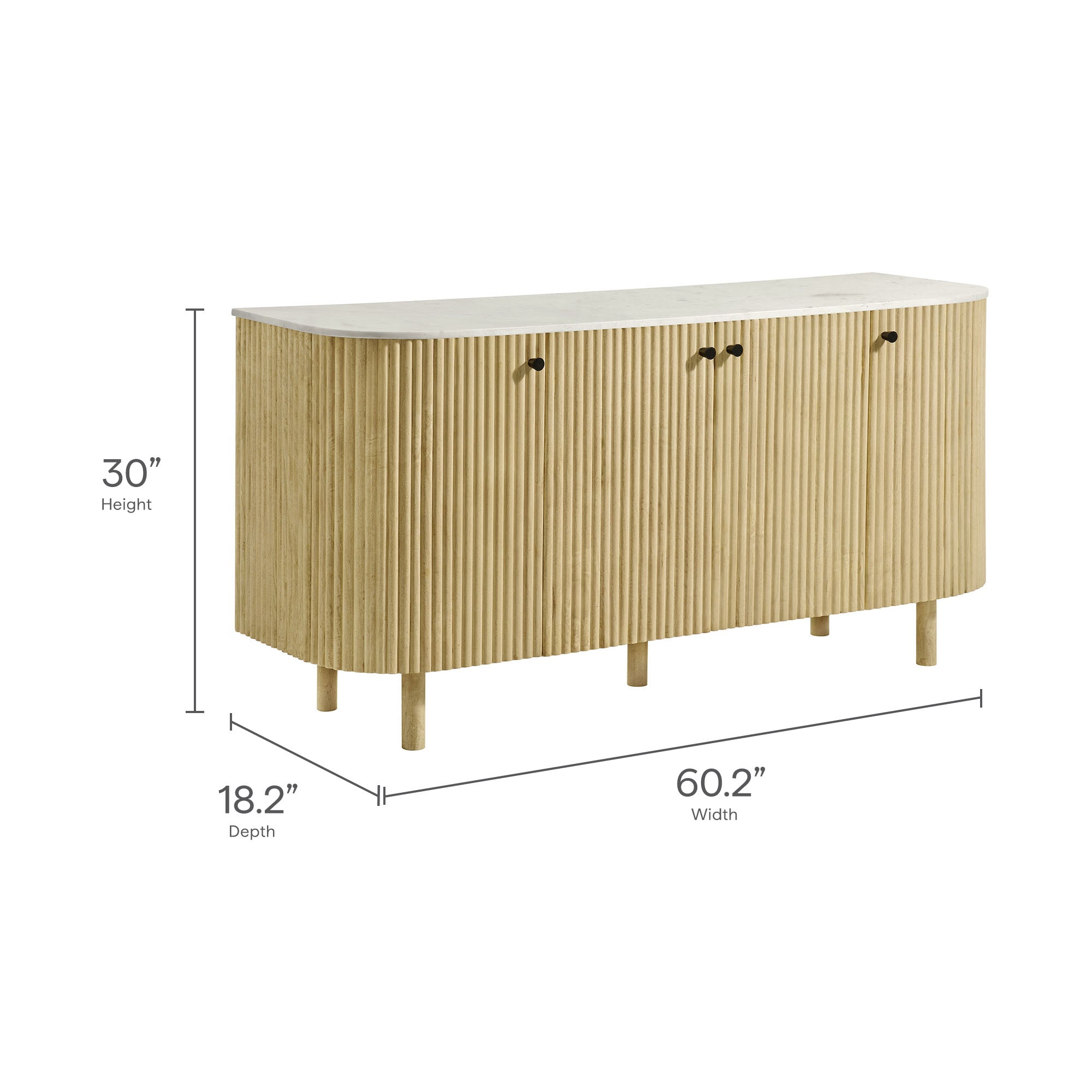 Caldera 60" Curved Solid Wood and Marble Sideboard Storage Cabinet, Natural