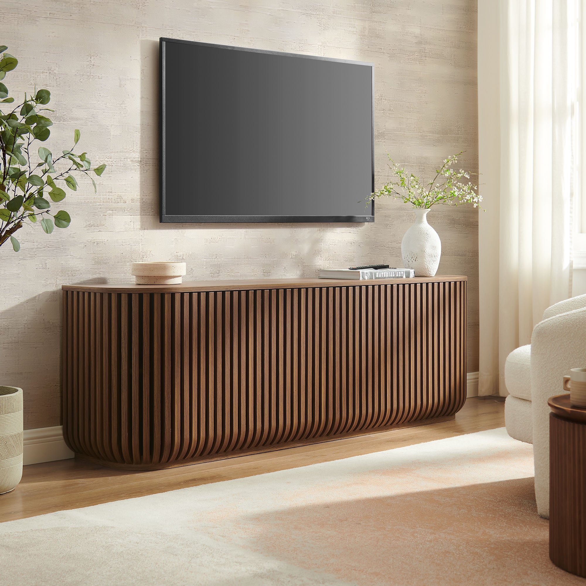 Fortitude 75" Curved Sideboard Storage Cabinet, Walnut