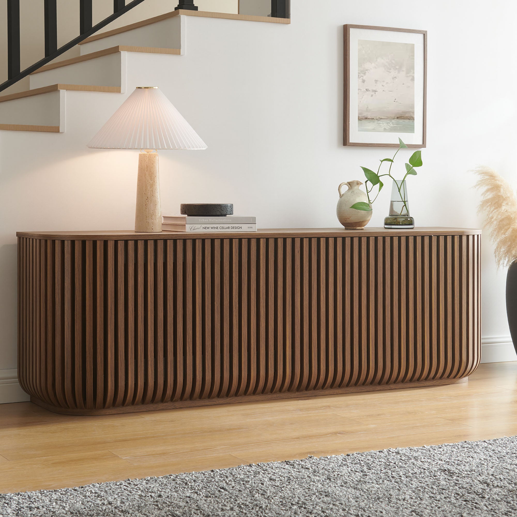 Fortitude 75" Curved Sideboard Storage Cabinet, Walnut
