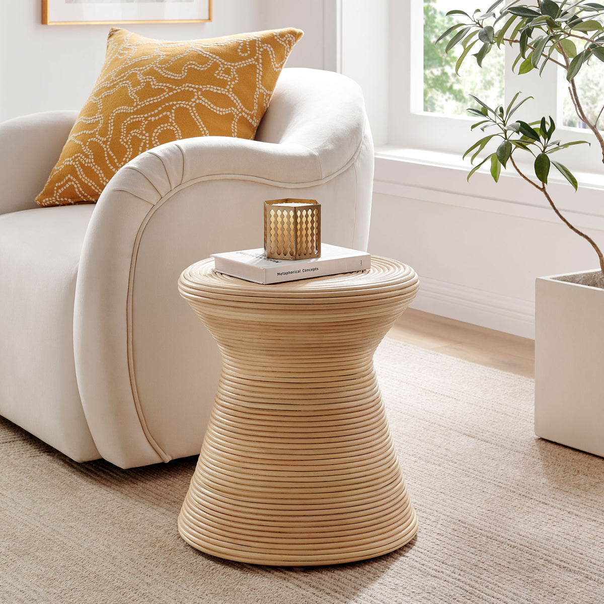 Tavi Hourglass Natural Rattan Round Side Table, Natural