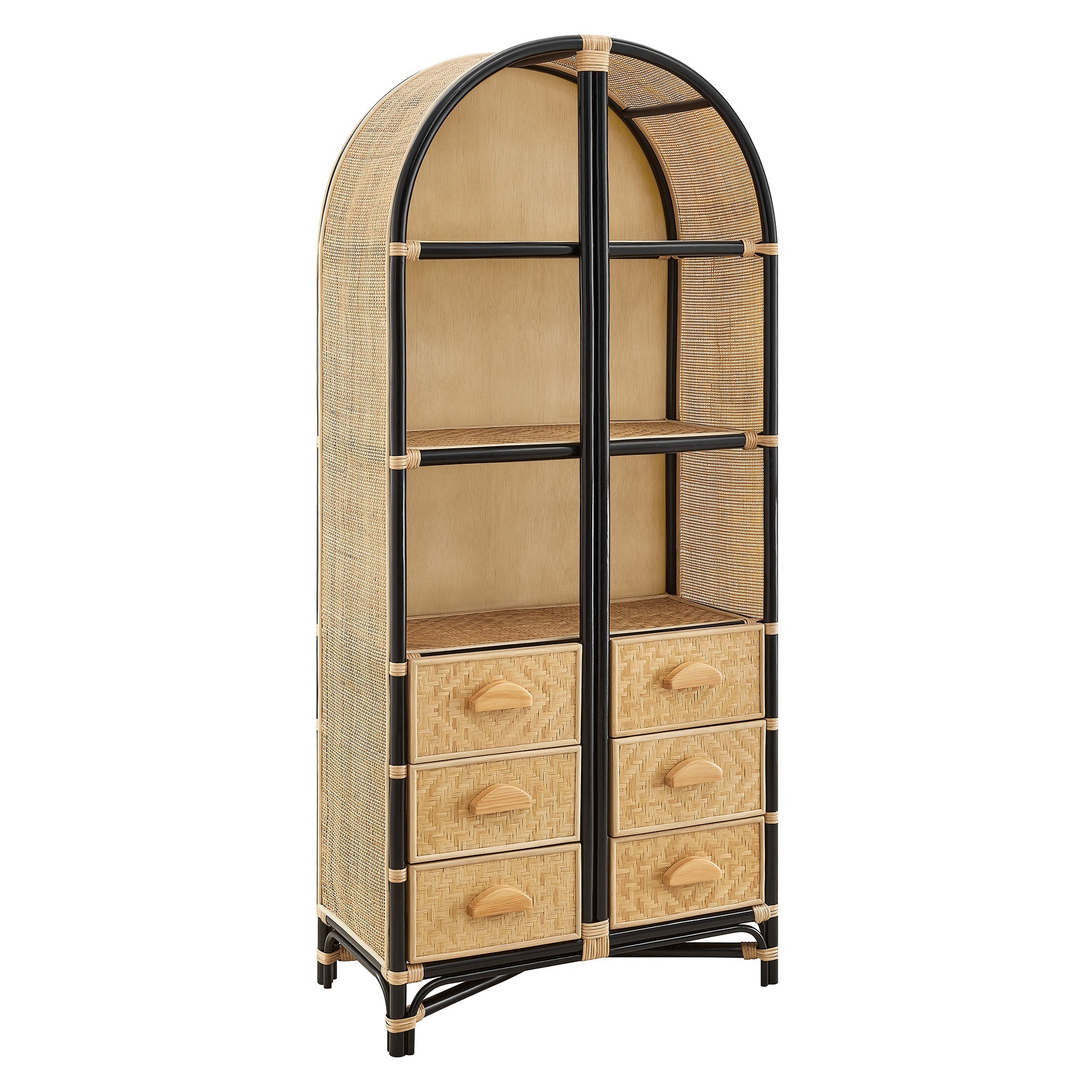 Jane 71 Inch Tall Arched Natural Rattan Bookshelf, Natural Black