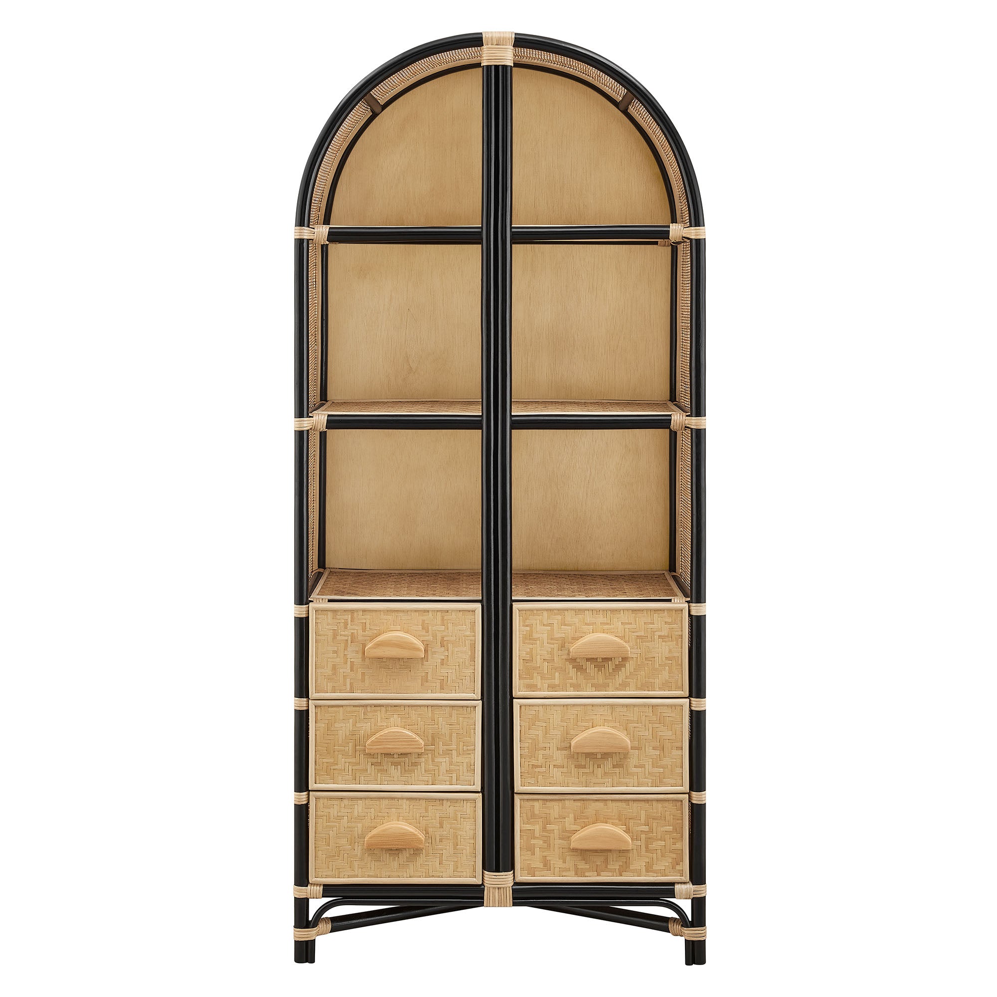 Jane 71 Inch Tall Arched Natural Rattan Bookshelf, Natural Black