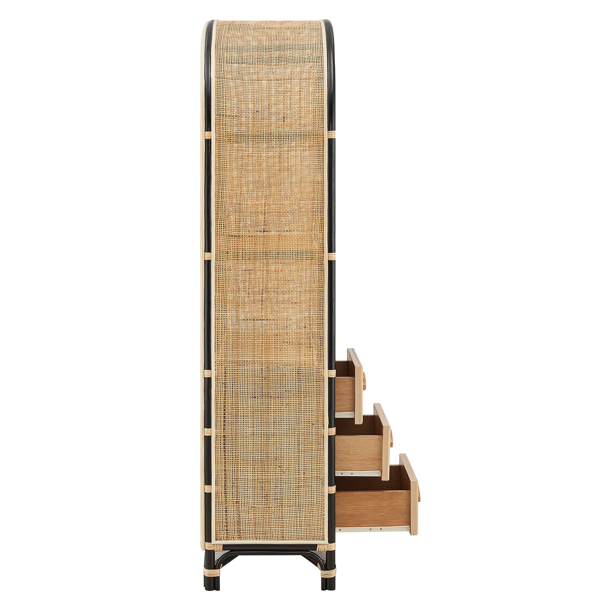 Jane 71 Inch Tall Arched Natural Rattan Bookshelf, Natural Black