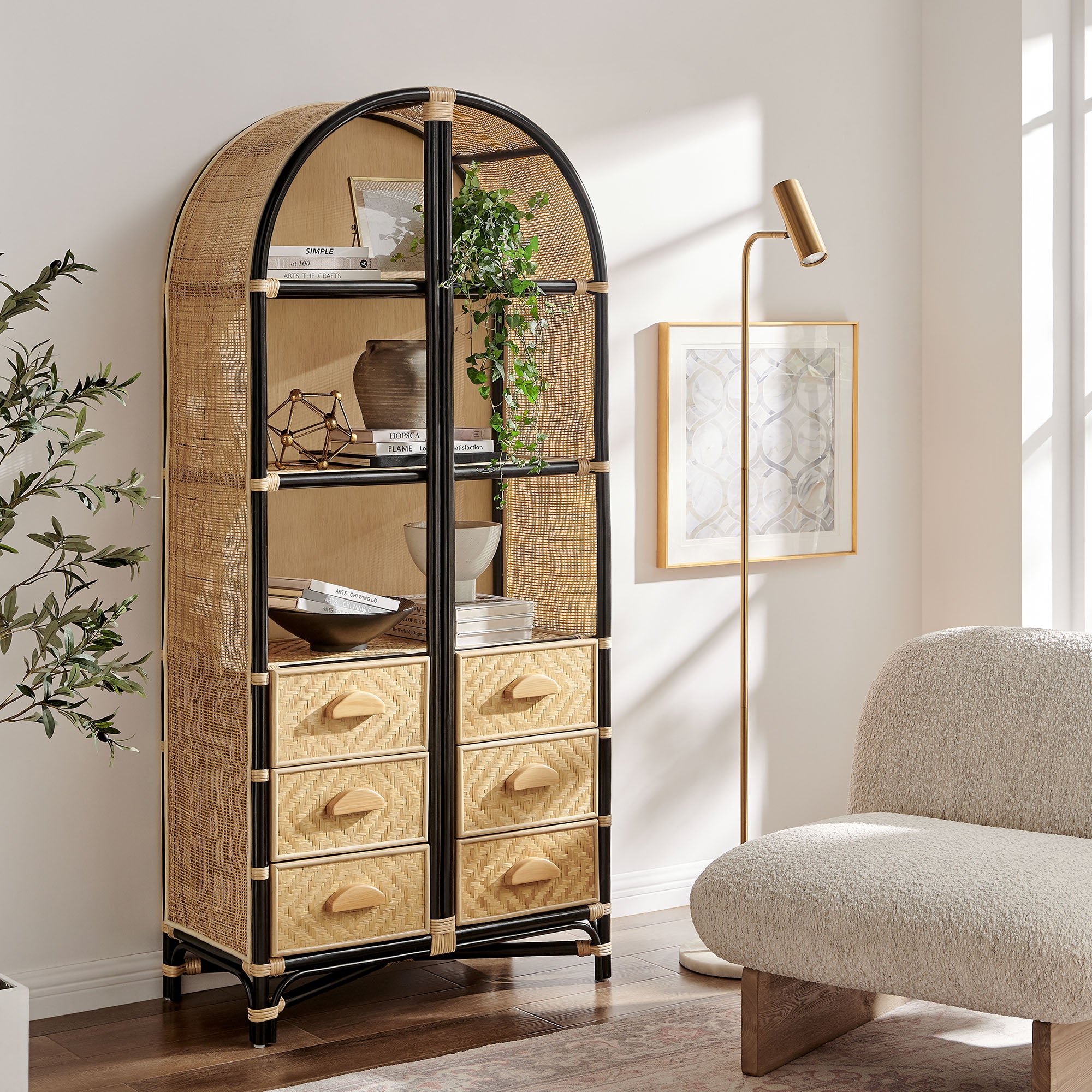Jane 71 Inch Tall Arched Natural Rattan Bookshelf, Natural Black