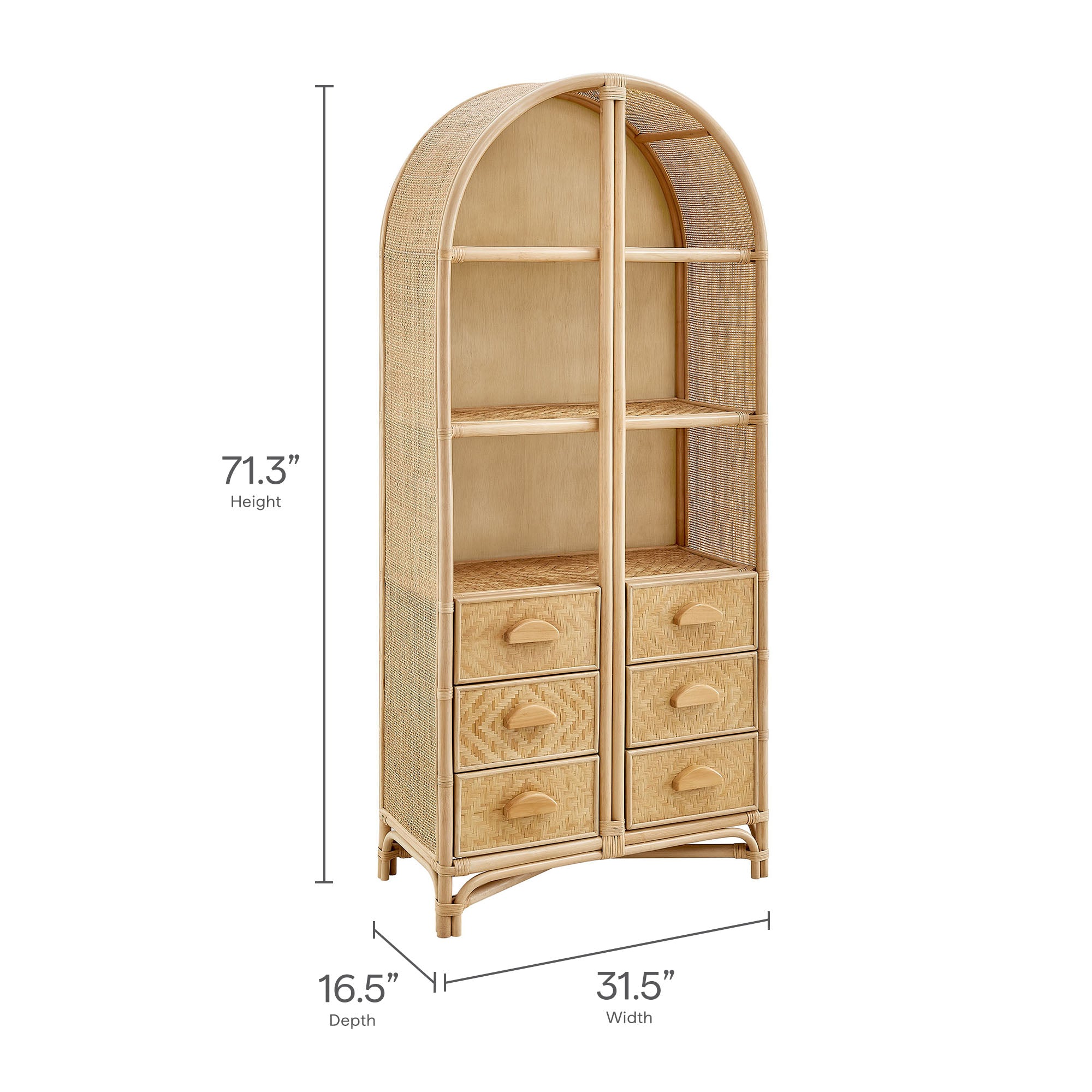 Jane 71 Inch Tall Arched Natural Rattan Bookshelf, Natural