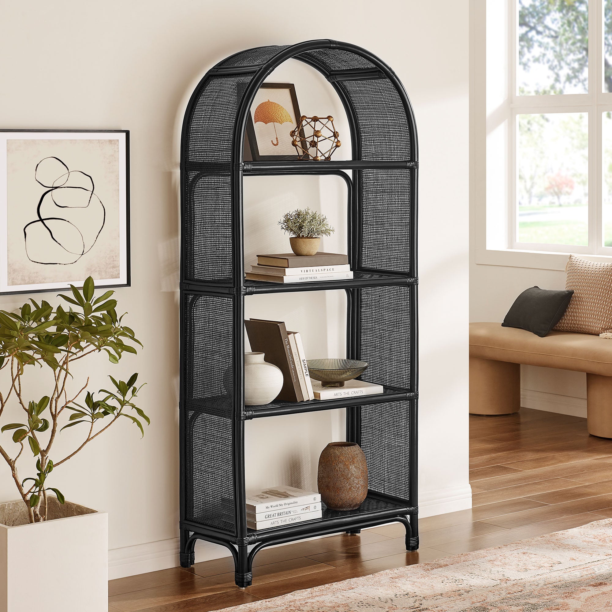 Celeste 67 Inch Tall Arched Natural Rattan Bookshelf, Black