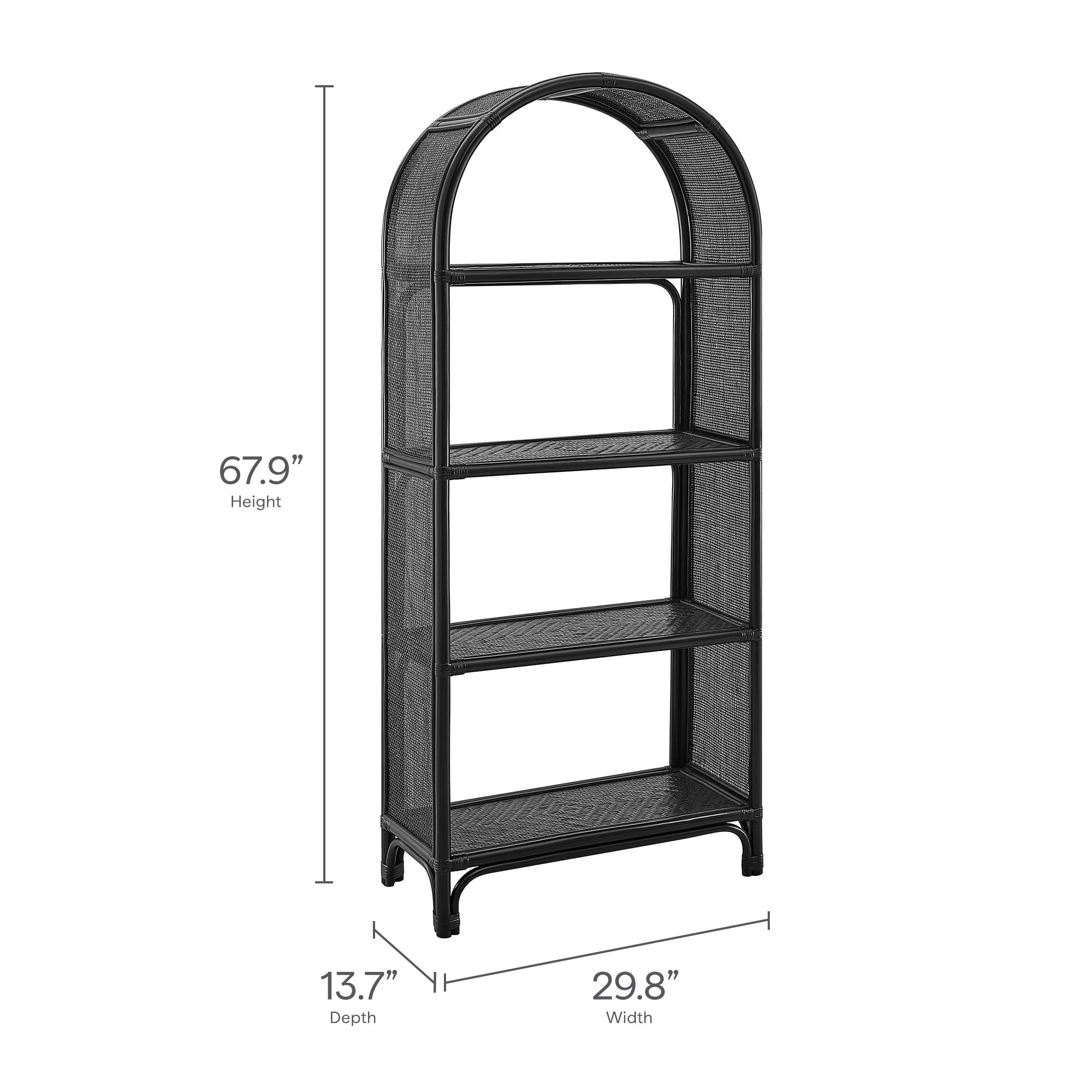 Celeste 67 Inch Tall Arched Natural Rattan Bookshelf, Black